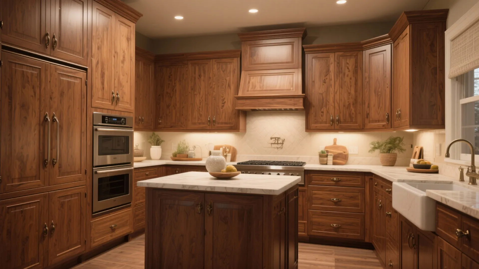 Traditional kitchen with dark wood cabinets marble island white sink double oven and warm recessed lighting