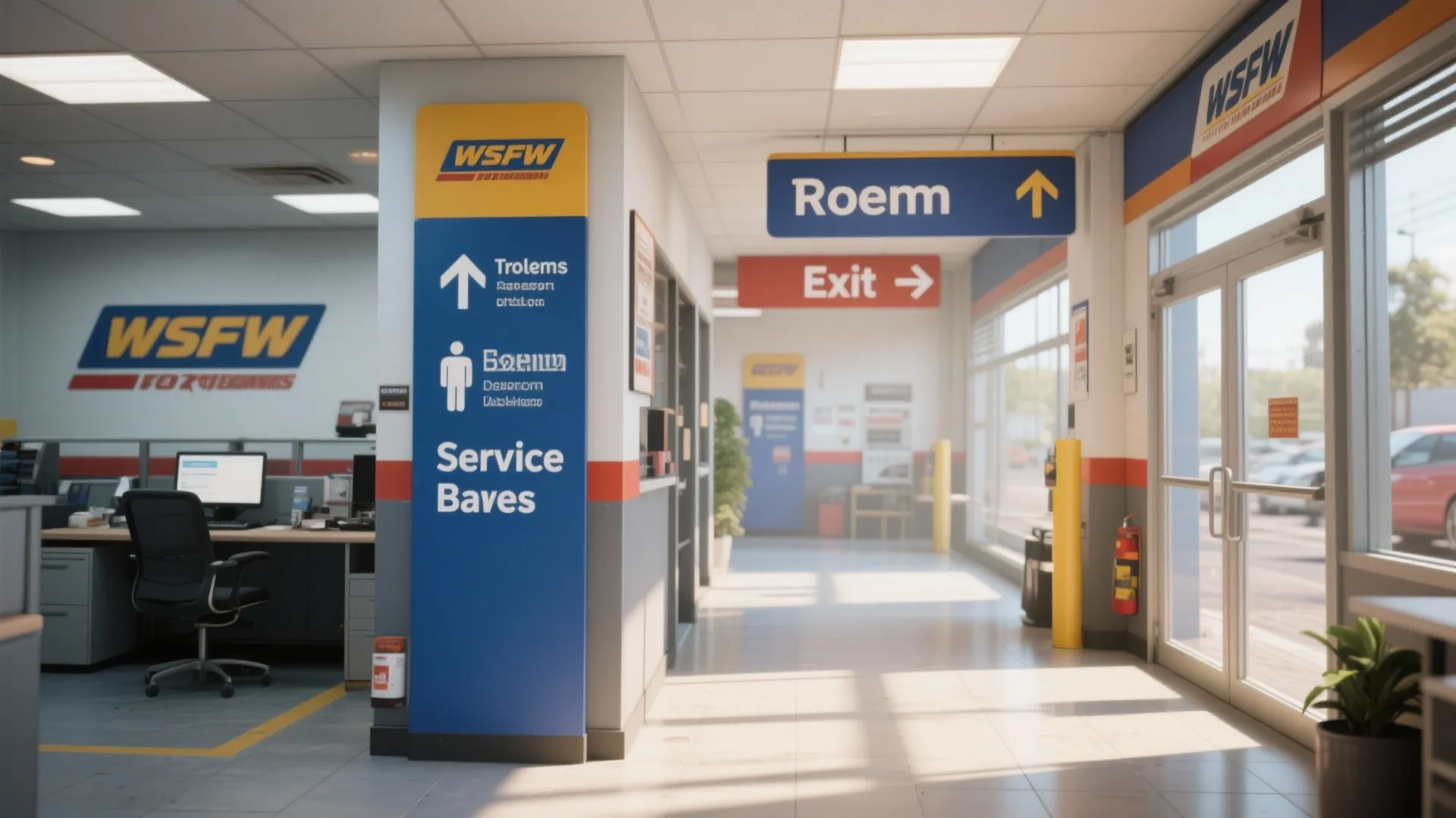 Directional signage inside auto repair office