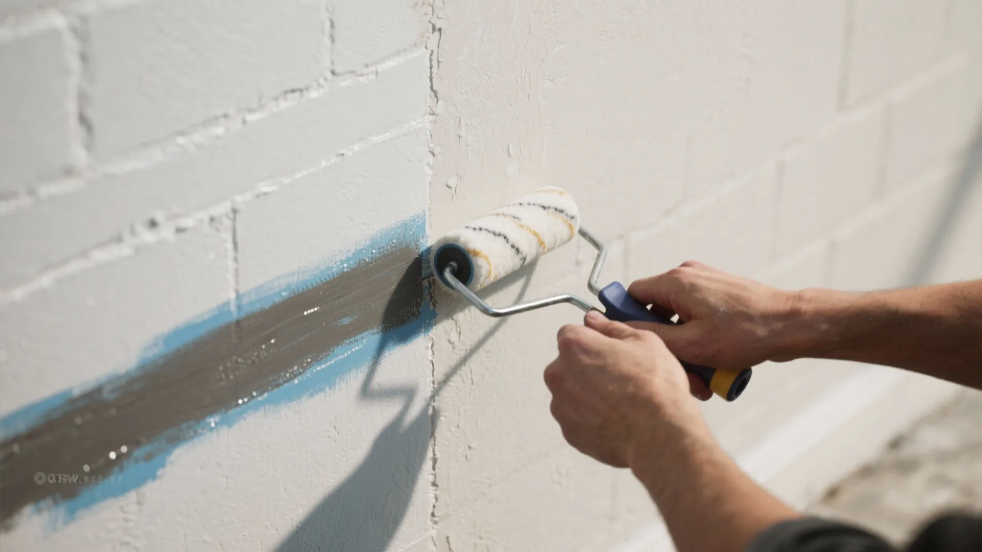 Using a paint roller to apply white paint over a blue and grey brick wall