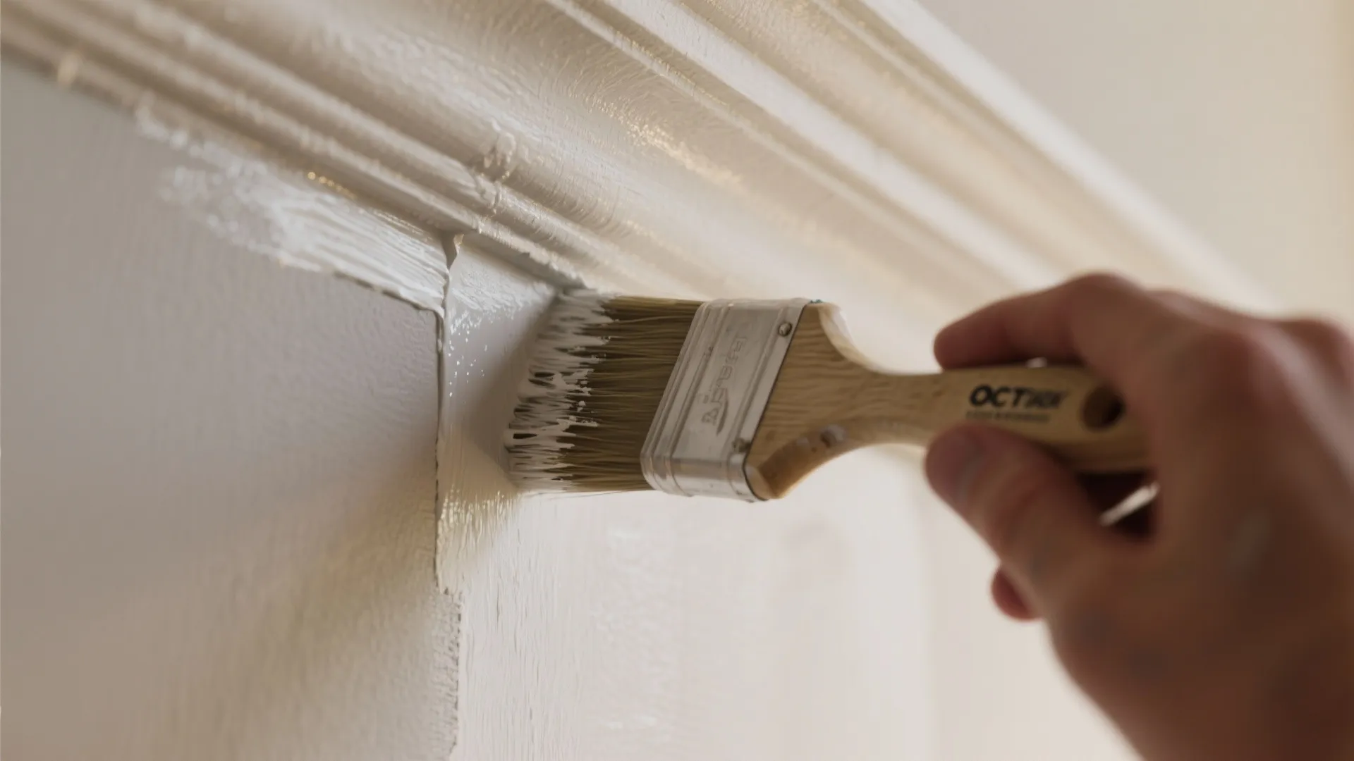 Close up view of a hand using a paintbrush to apply white paint on wall