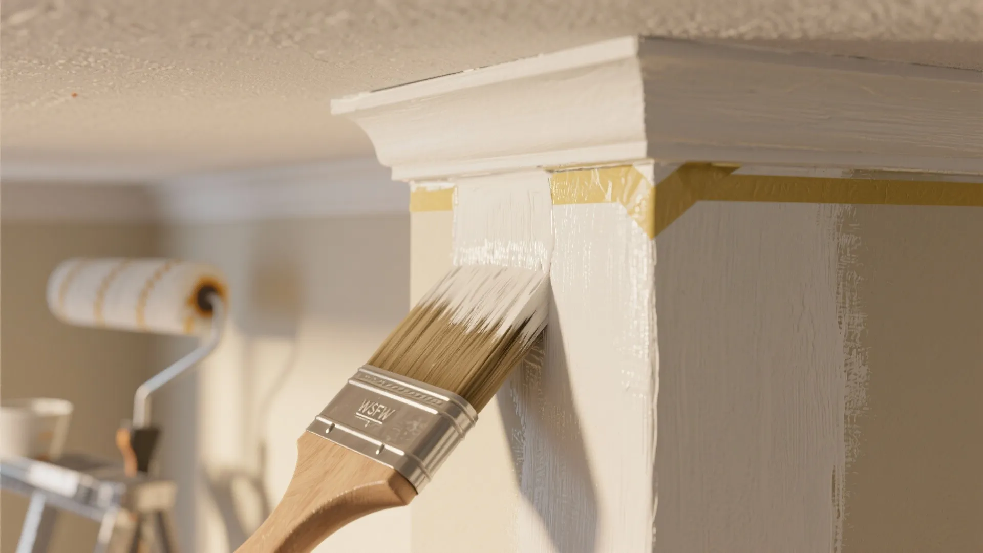 Close-up of an angled brush cutting in a crisp edge between wall and ceiling with a roller blurred behind.