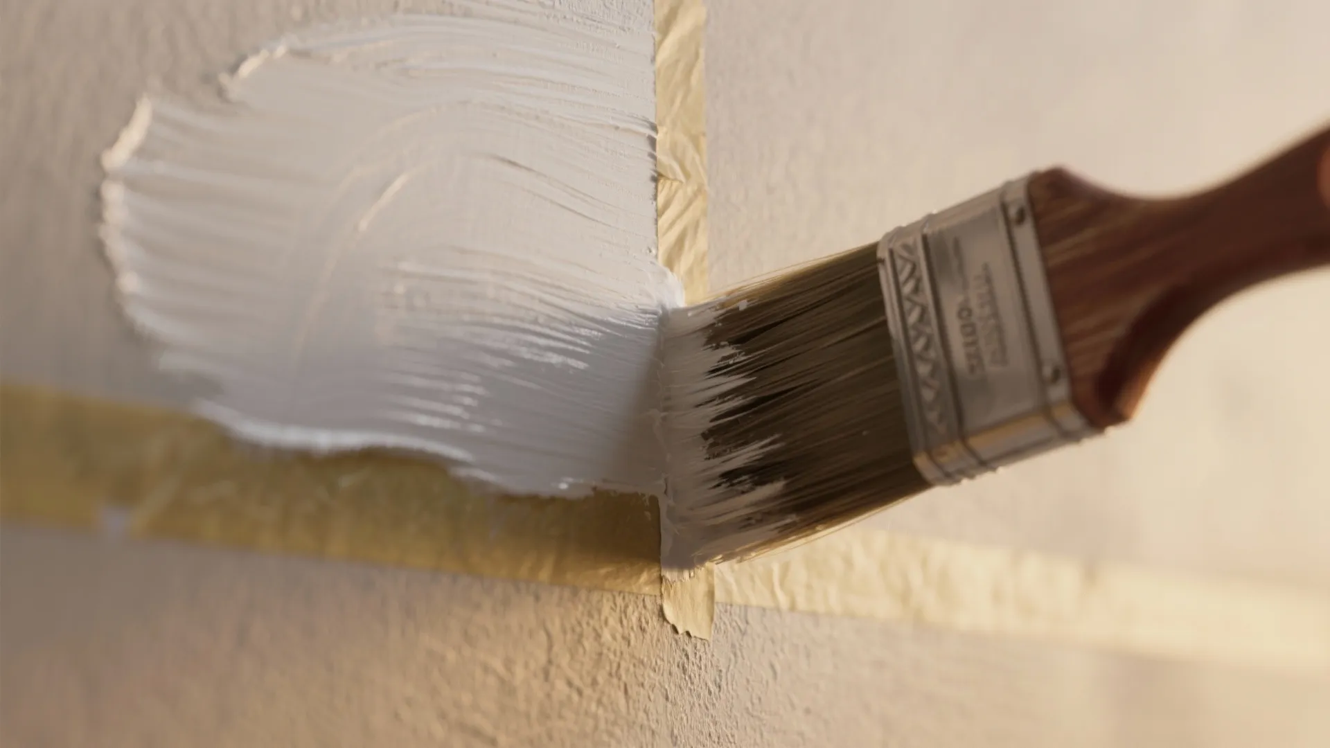 Close up of a paint brush applying white paint to a wall along yellow masking tape