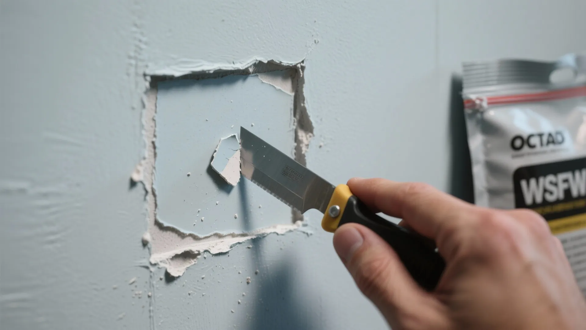 A hand using a small knife to cut and remove a square paint chip from wall