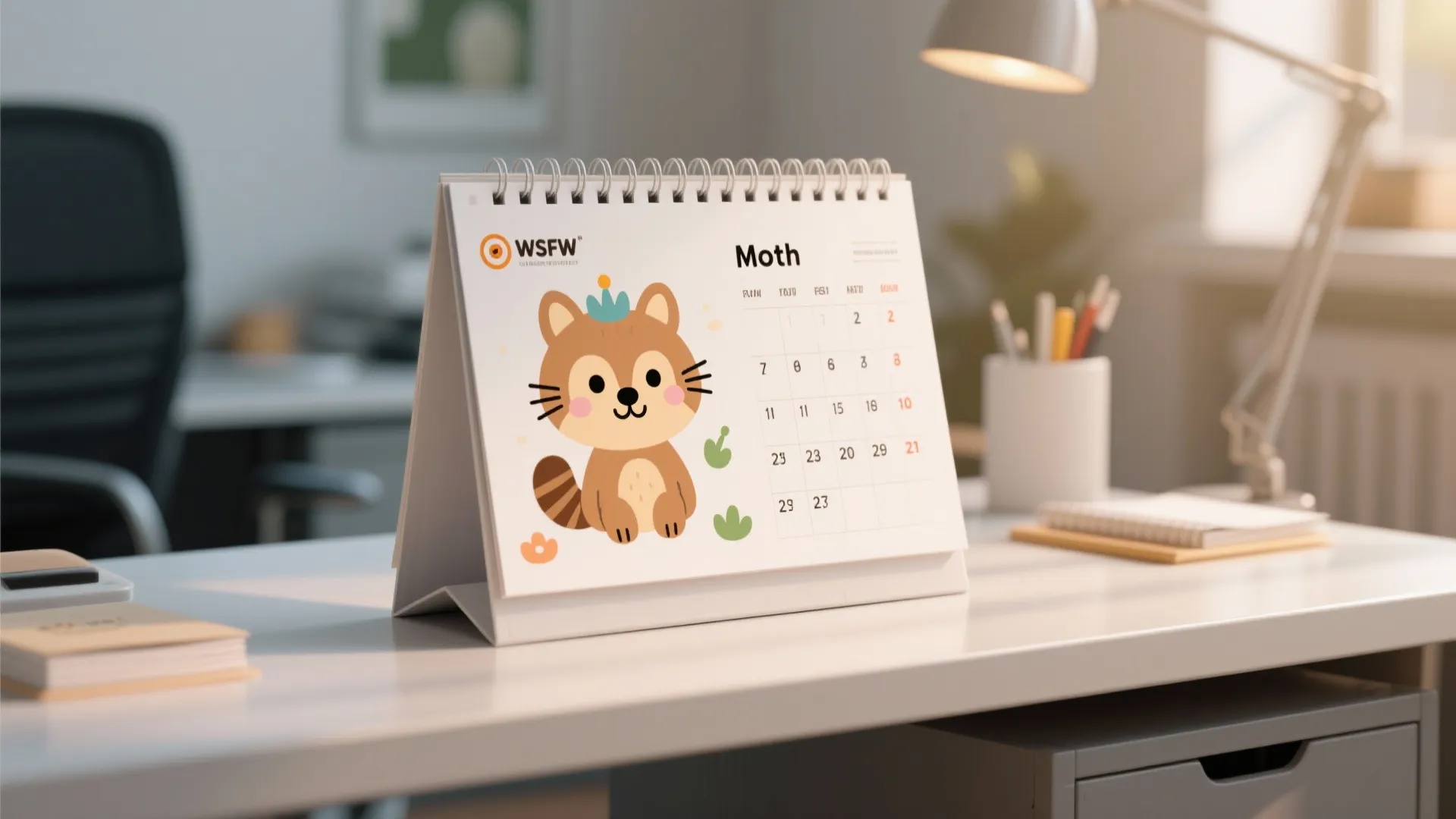 Cute desk calendar with a cartoon raccoon character sitting on a white table with lamp
