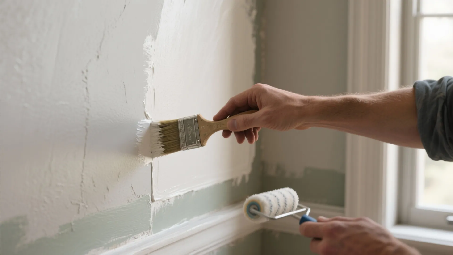 Hand using a paintbrush to apply white paint on wall while holding a small roller