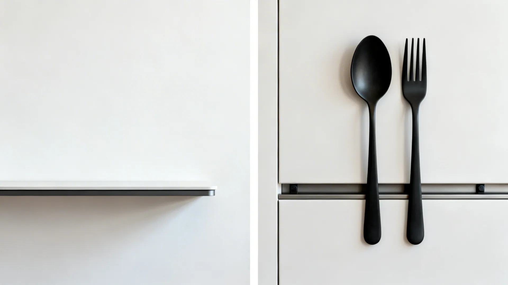 Split view showing a blank wall versus bold oversized cutlery installed in a small kitchen.