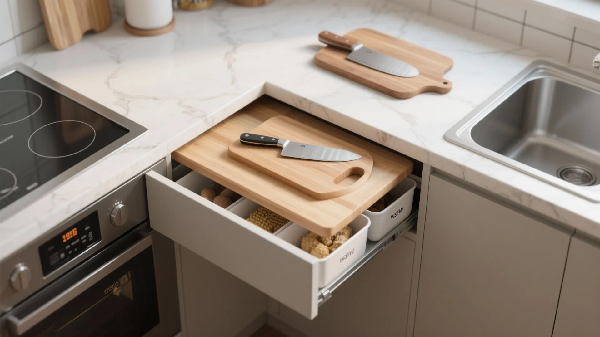 6. Built-In Cutting Board with Storage