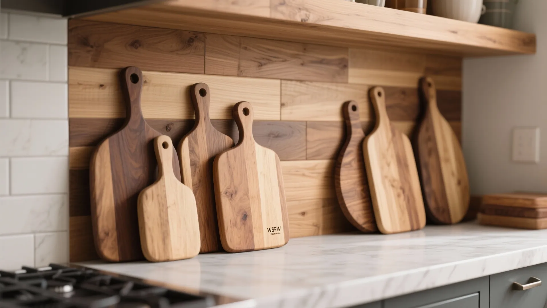 Wooden cutting boards leaning against a wood panel wall on a white marble kitchen countertop