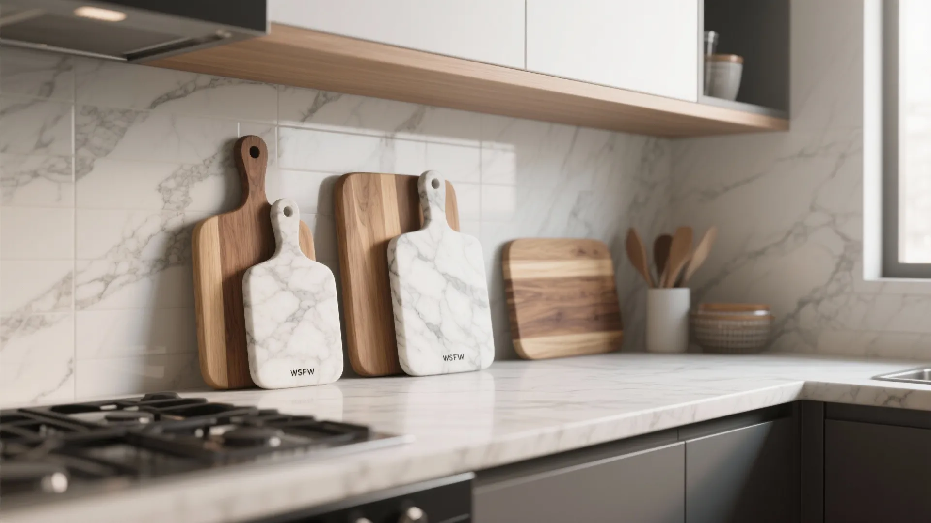 Selection of wooden and marble cutting boards leaning against a white tiled kitchen wall backsplash