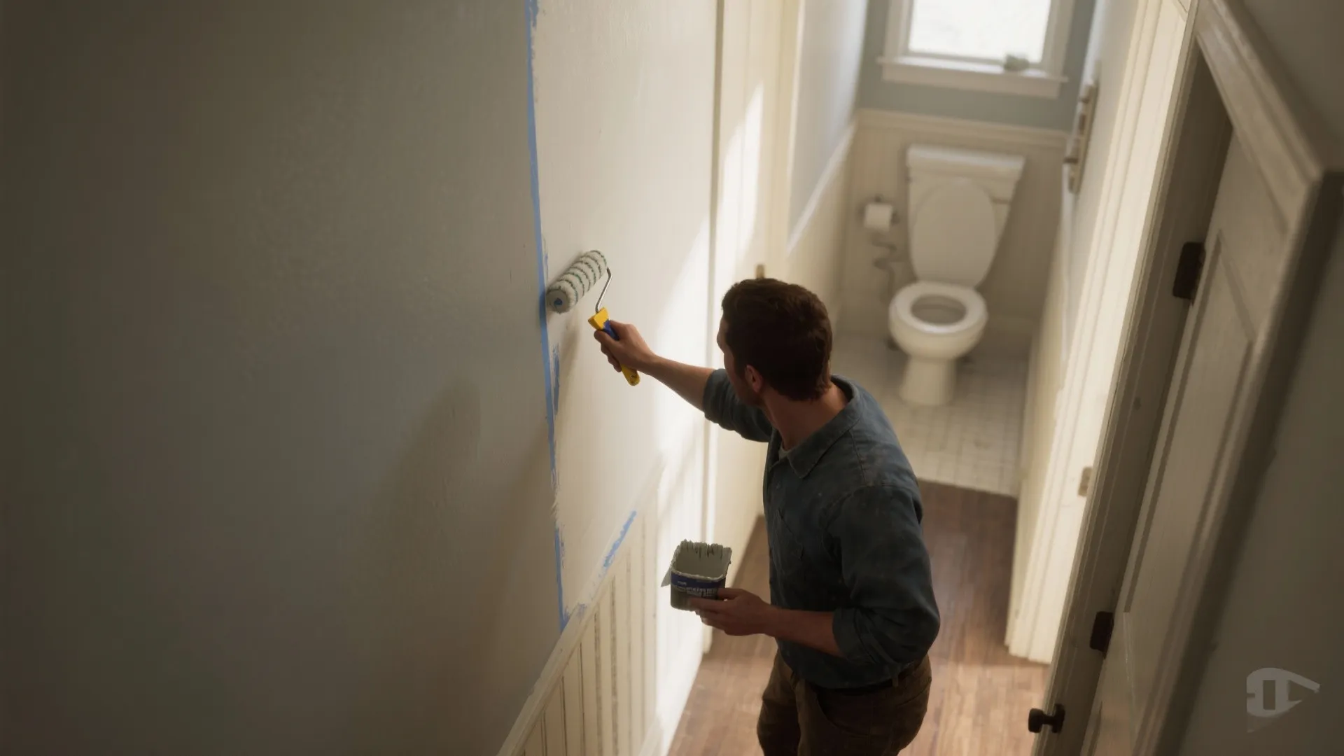 Man painting a blue line on white wall with roller in a narrow bathroom hallway