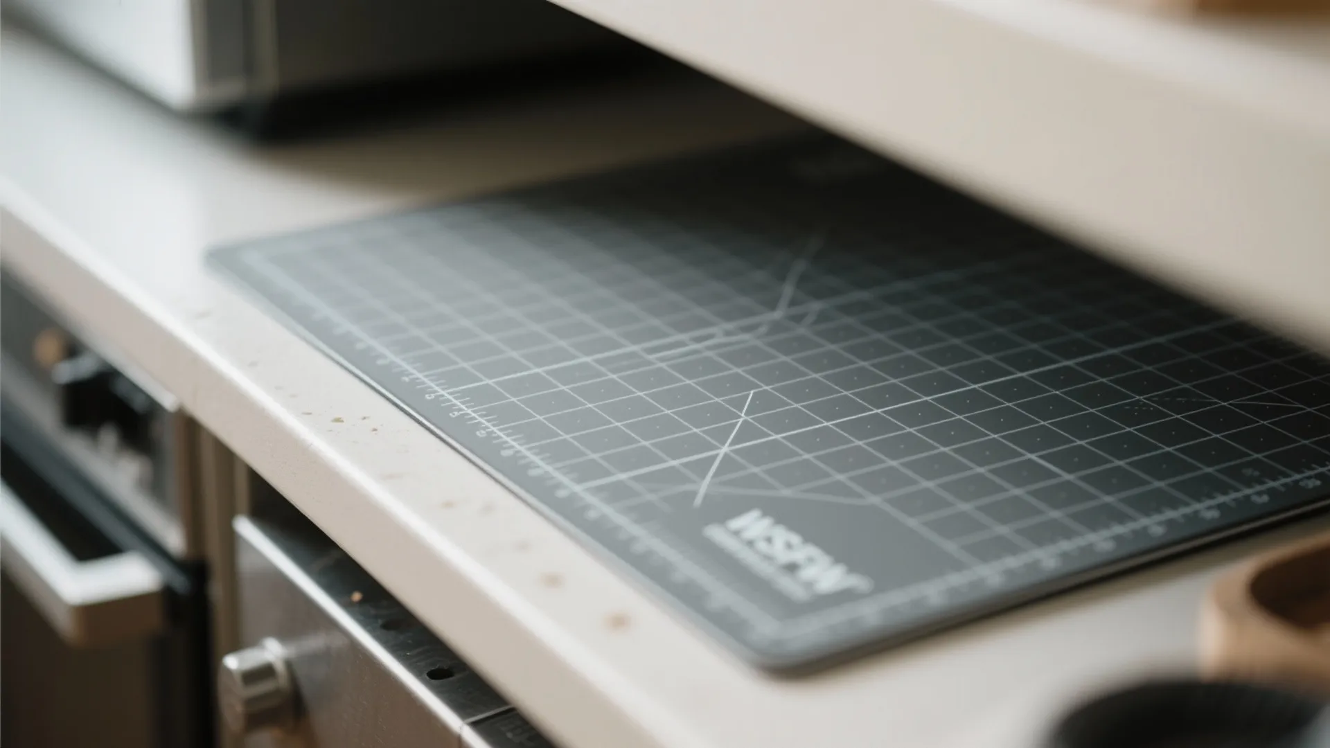 Dark grey cutting mat with white grid lines placed on a white kitchen counter shelf space