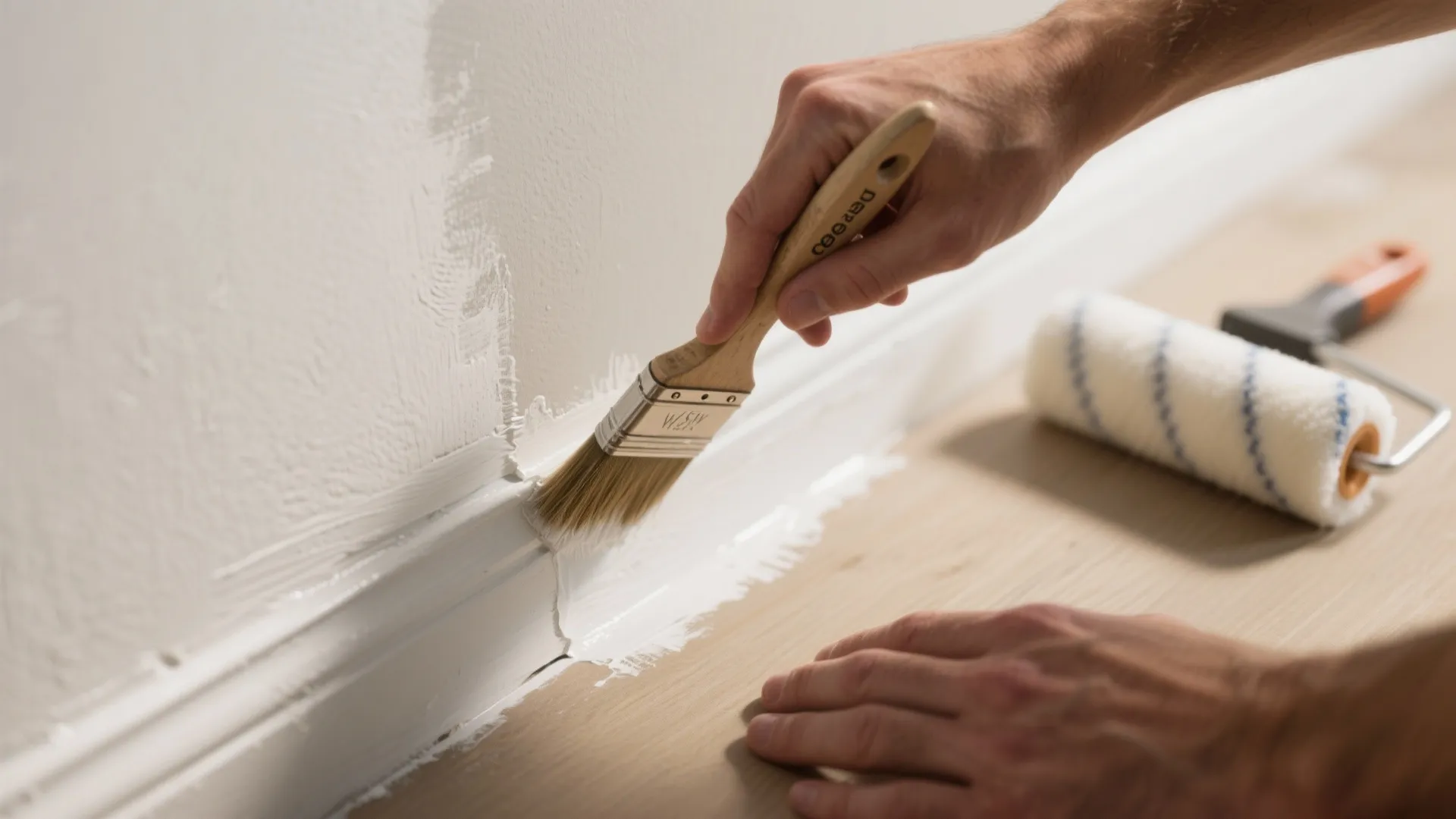 Hand using a small brush to paint white color onto the wall corner near floor