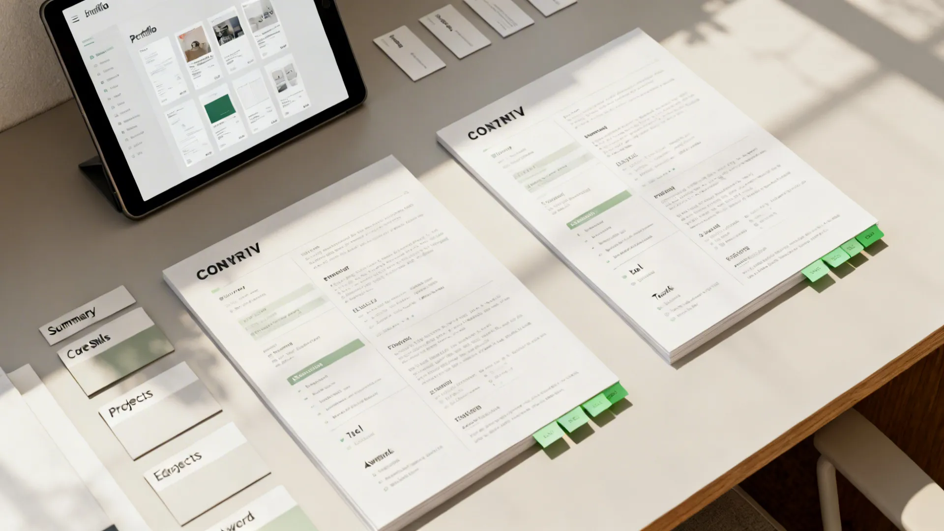 Top-down view of a two-column CV printout with neatly labeled section cards and a tablet portfolio index.