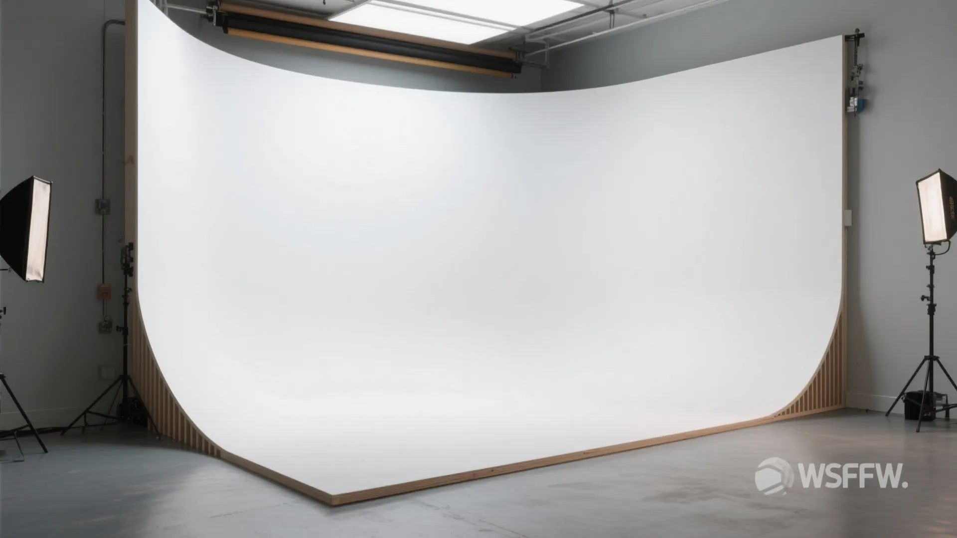 Professional photography studio setup with large curved white backdrop wall and standing soft box lights