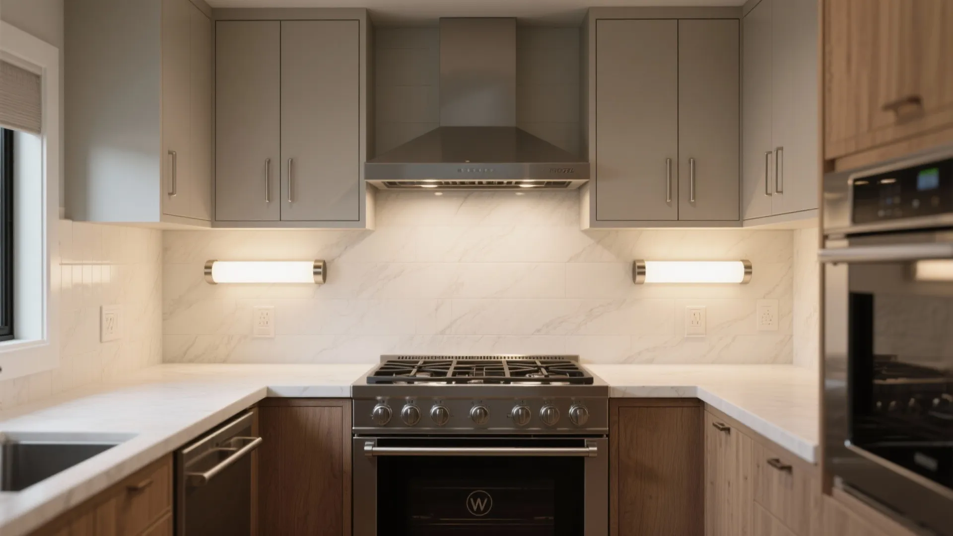 Modern kitchen with grey cabinets and stove featuring two horizontal wall lights on tiled marble backsplash