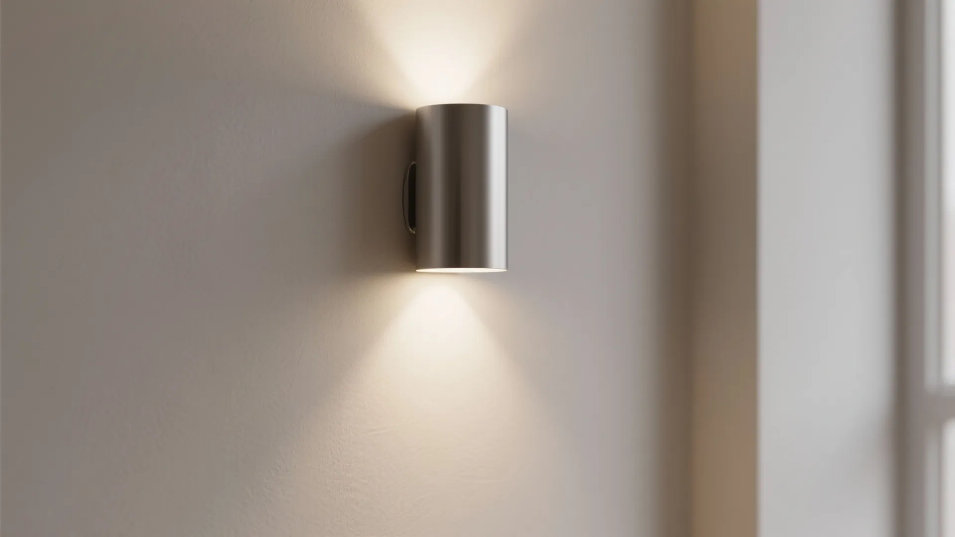Minimalist cylinder wall lamp casting up-and-down light on a studio apartment wall.