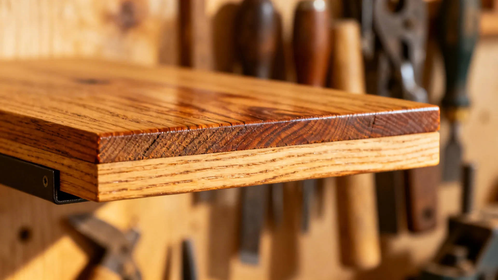 Close-up of a reclaimed cypress floating shelf with concealed bracket and rich grain.