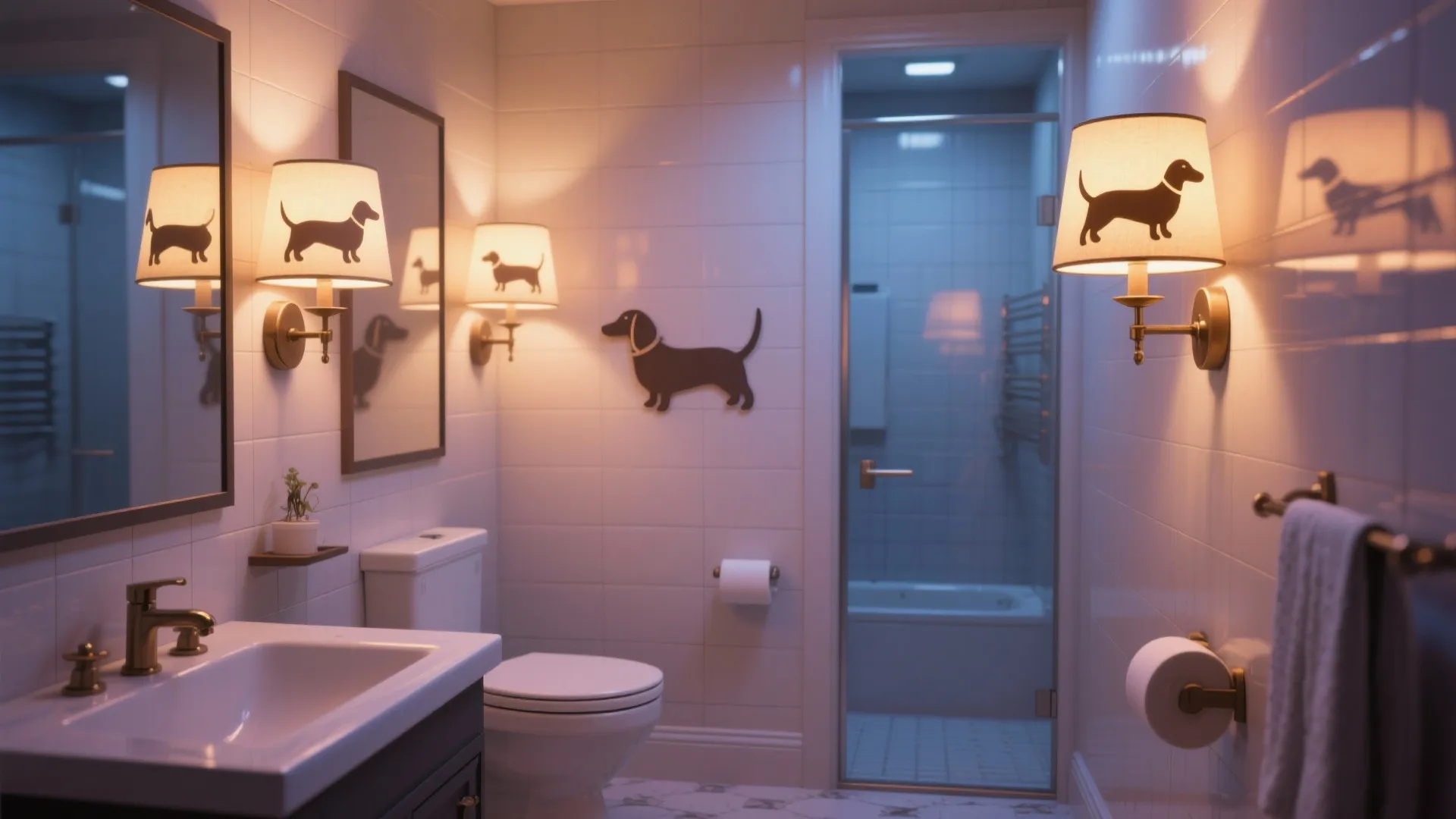 Modern bathroom with white tiles featuring dachshund wall lights mirrors toilet and a glass shower door