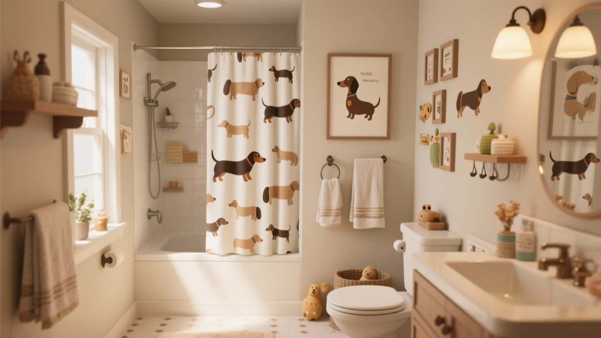 Cozy bathroom featuring dachshund themed shower curtain wall art toilet sink and warm indoor light fixture