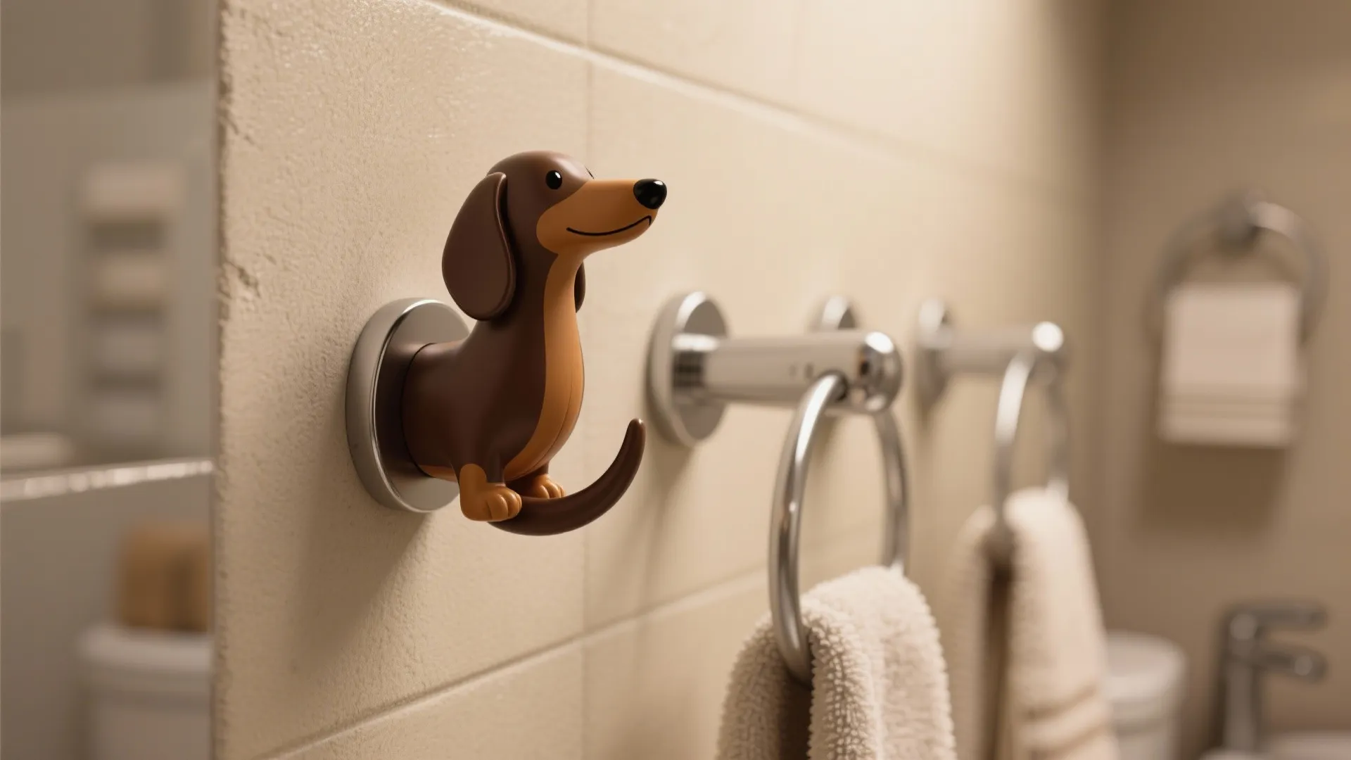 Brown dachshund dog shaped wall hook mounted on bathroom tile next to silver towel ring holders