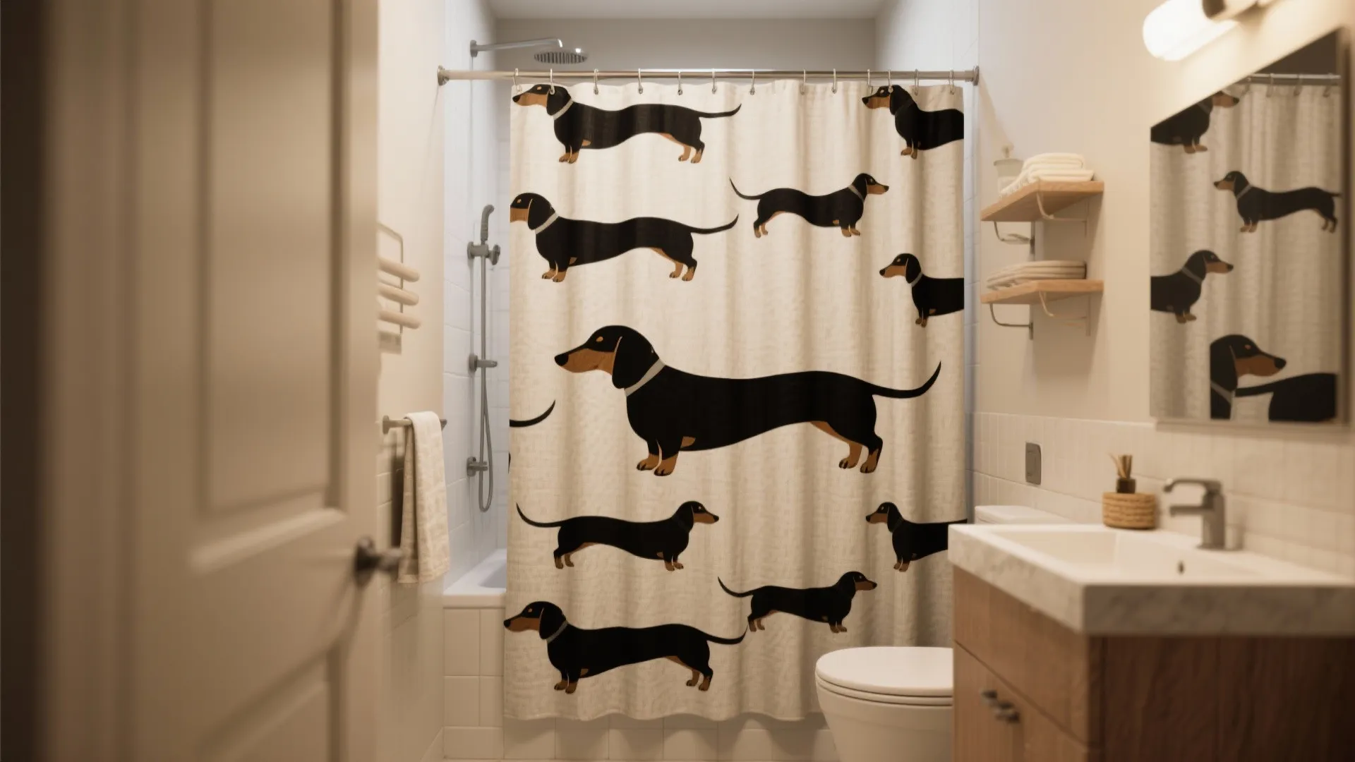 White shower curtain with black dachshund dog pattern in bathroom with wooden cabinet and mirror
