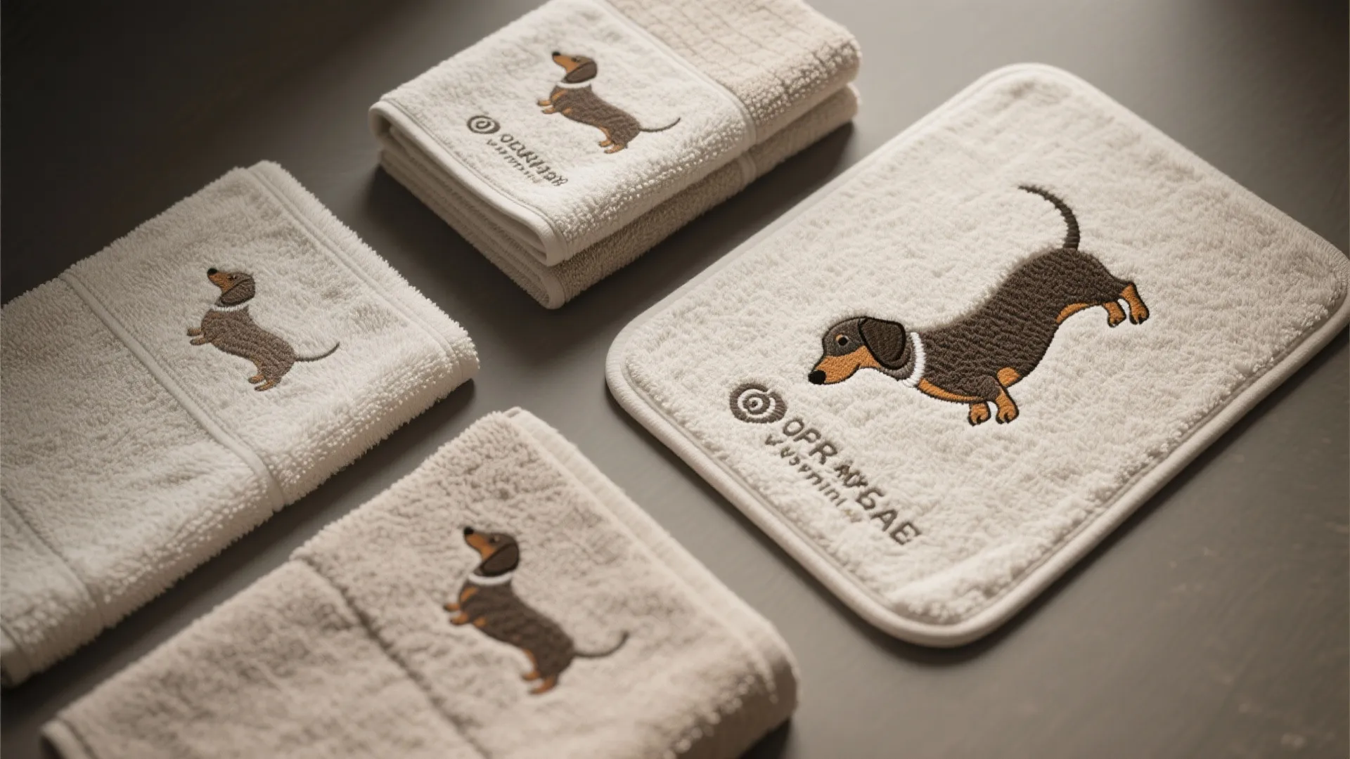 Set of beige bathroom towels and floor mat featuring embroidered brown dachshund dog patterns on table