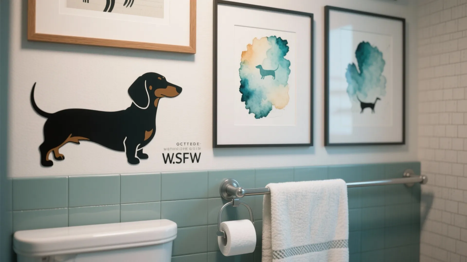 Green tiled bathroom wall with dachshund wall art framed pictures and white towel on metal rack