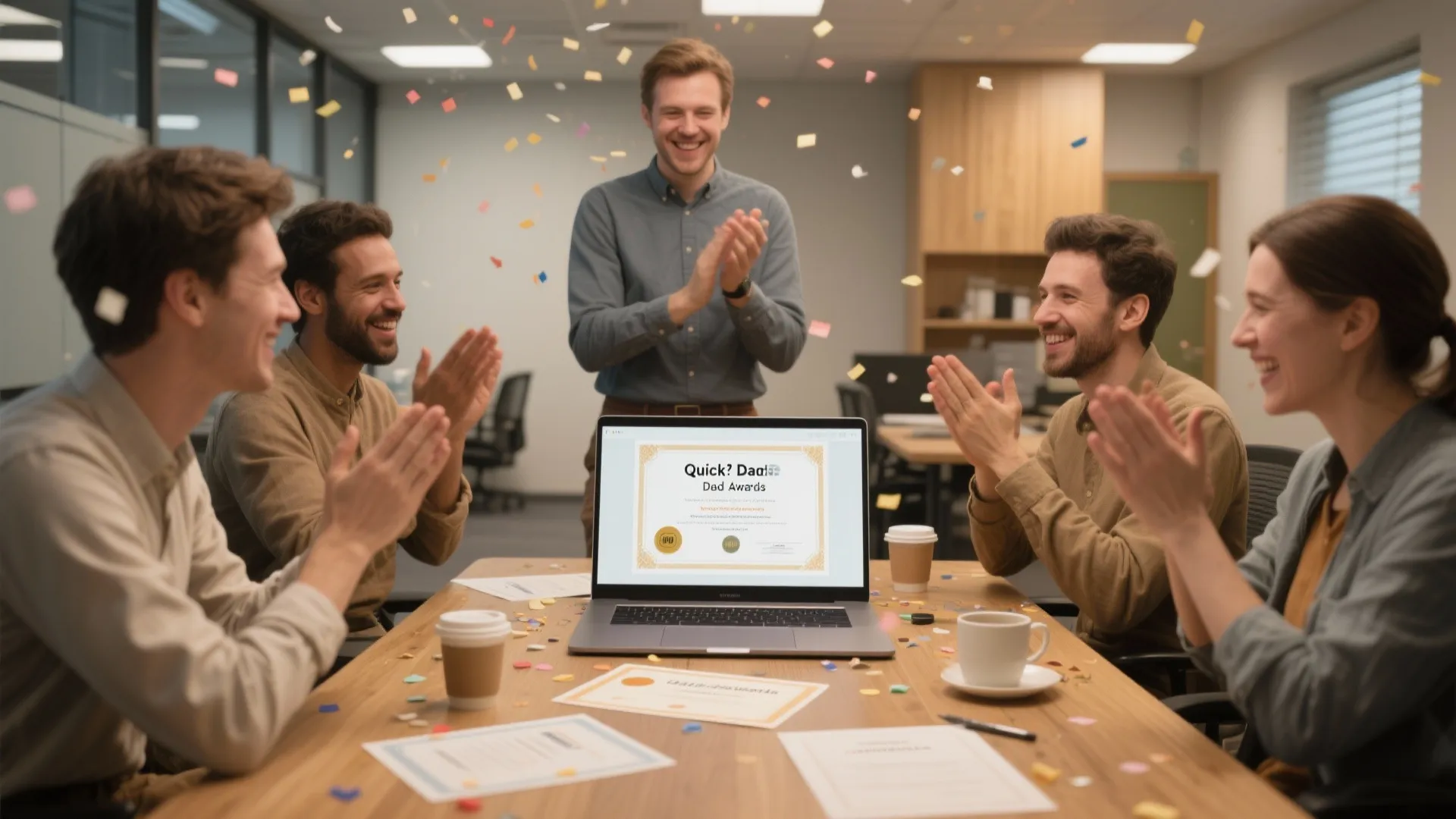 Small team gathered in an office for a quick 'Dad Awards' moment with certificates and a laptop slideshow.