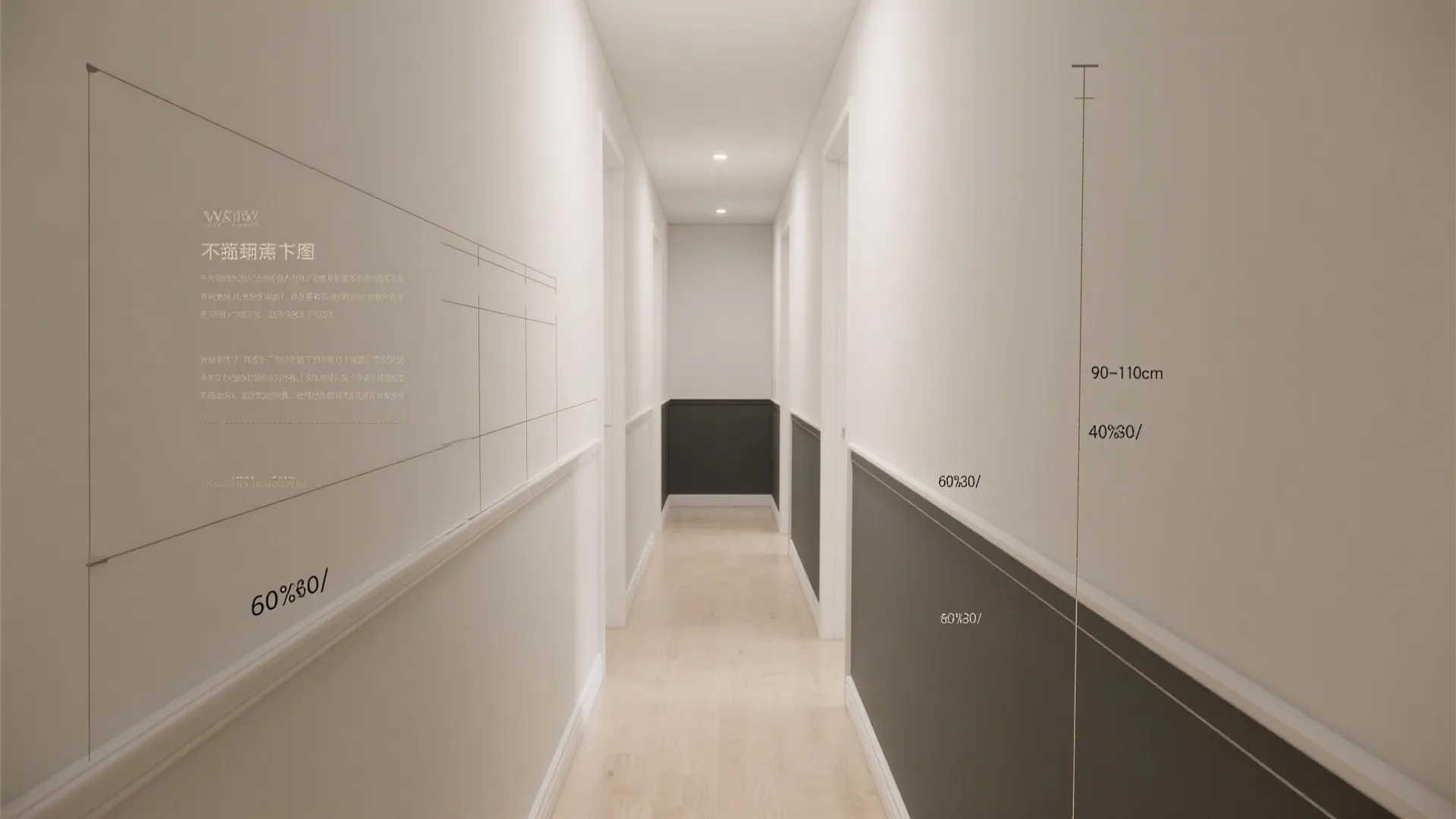 Interior design drawing showing measurements and room layout for installing grey hallway wall panel decor