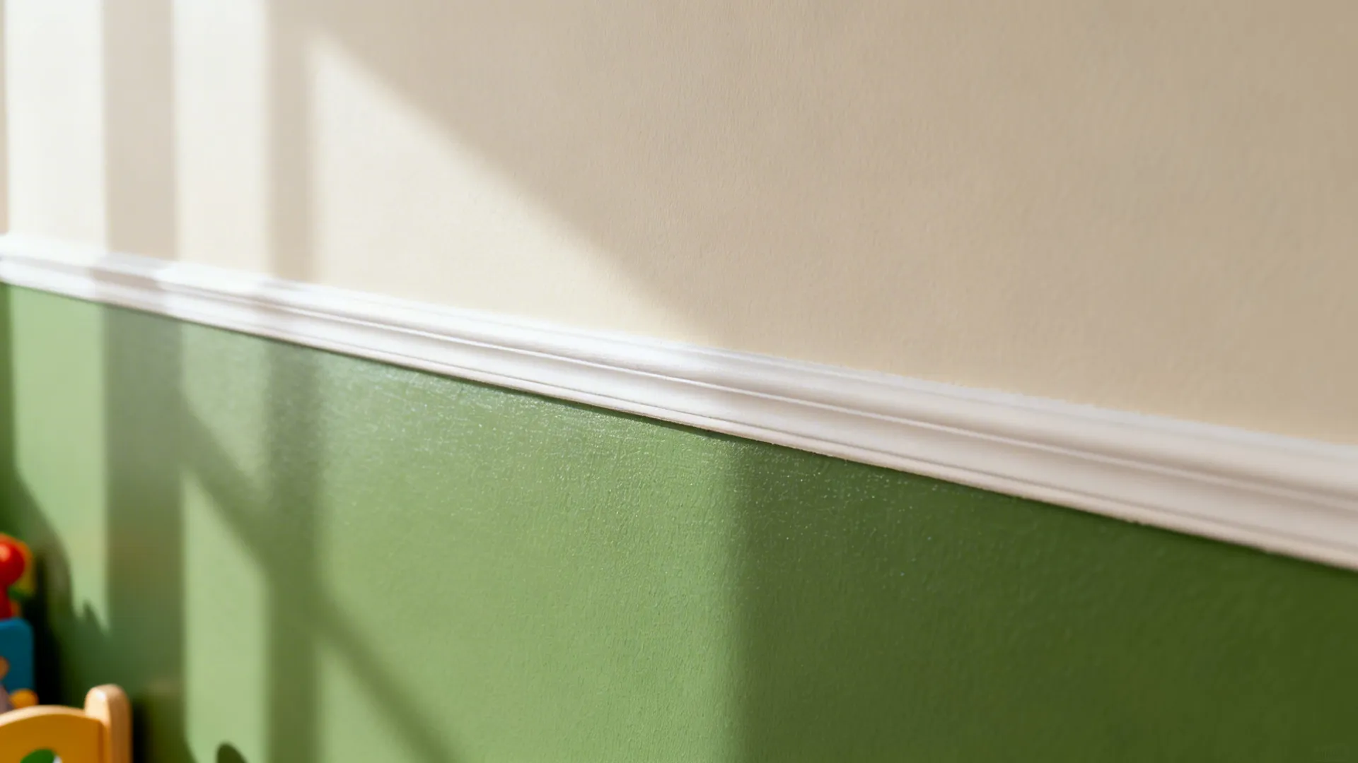 Macro of crisp two-tone paint line separating moss green and light neutral finishes.