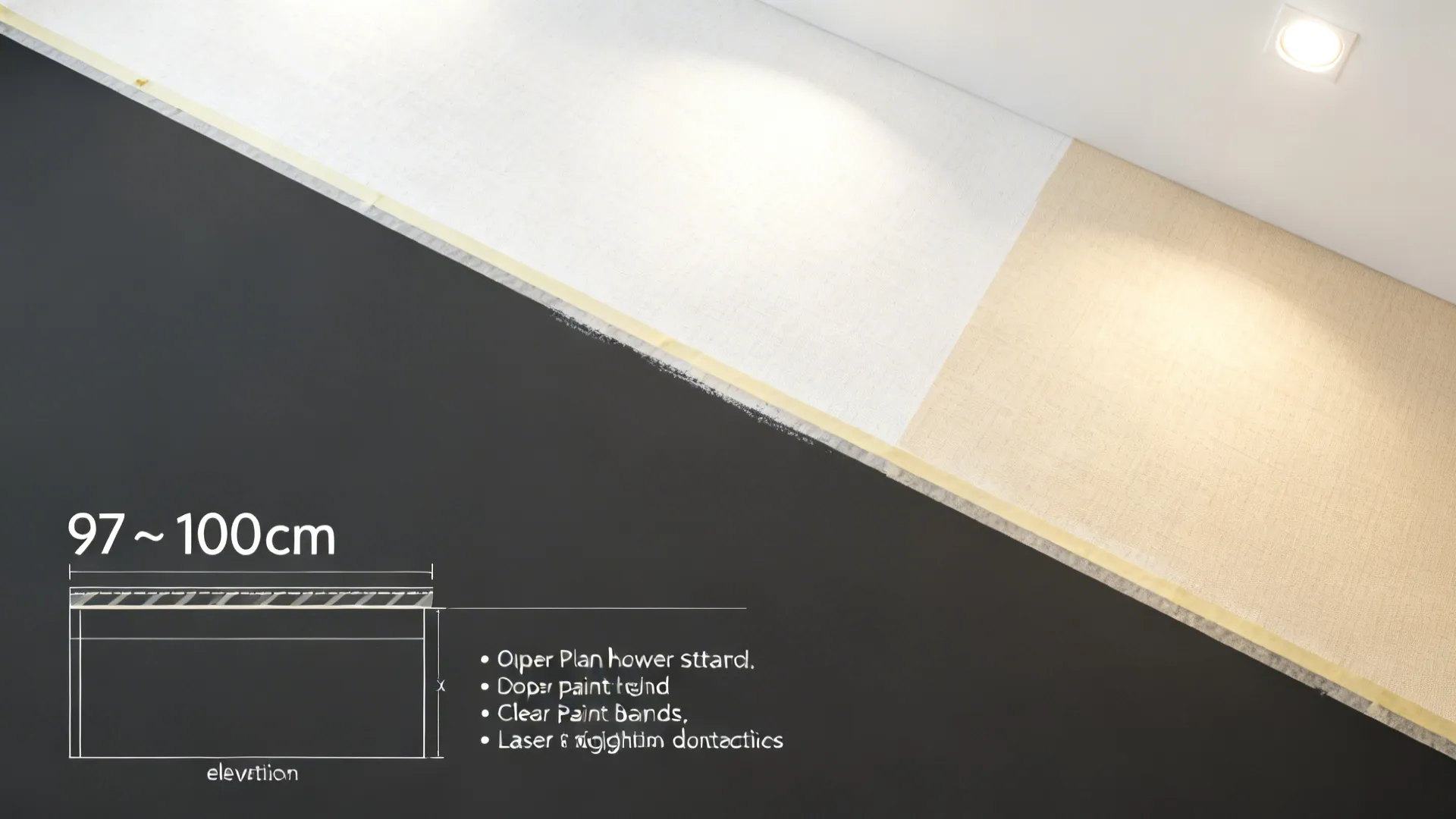Top-down and elevation diagram showing a charcoal lower paint band and linen white upper in a small kitchen.