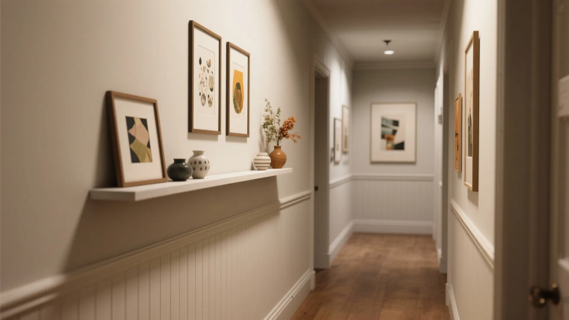 Bright hallway with white wall panel wood floor framed art on wall and small white shelf
