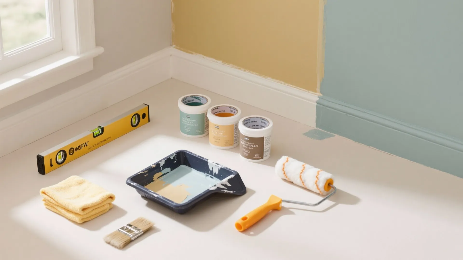 Painting tools including roller tray paint cans and level placed on the floor near wall
