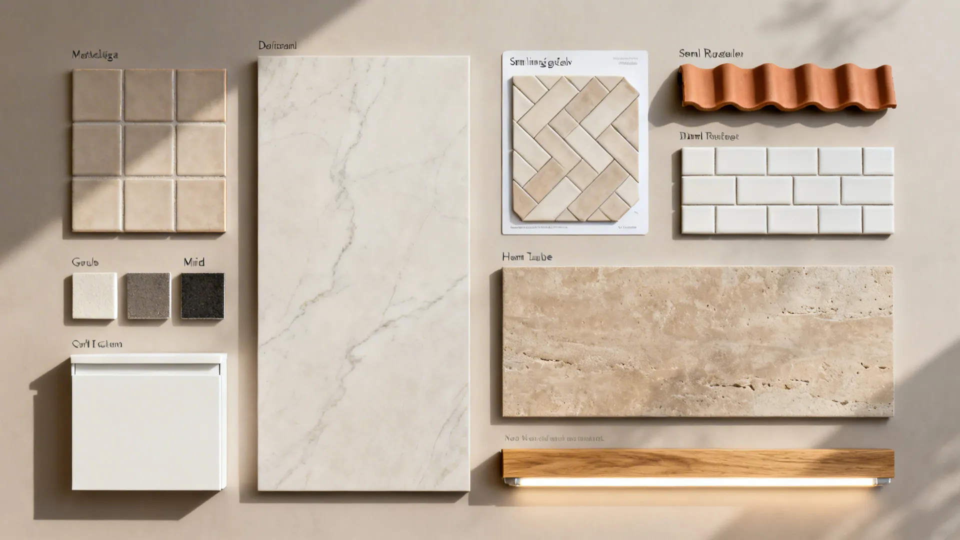 Top-down flat lay of tile, grout, cabinet, and lighting samples for choosing a backsplash.