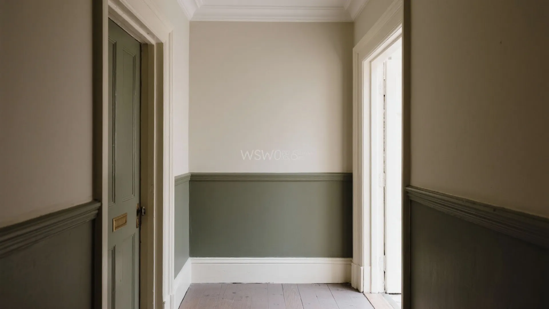 Hallway with two tone green and beige walls a matching green door and white trim