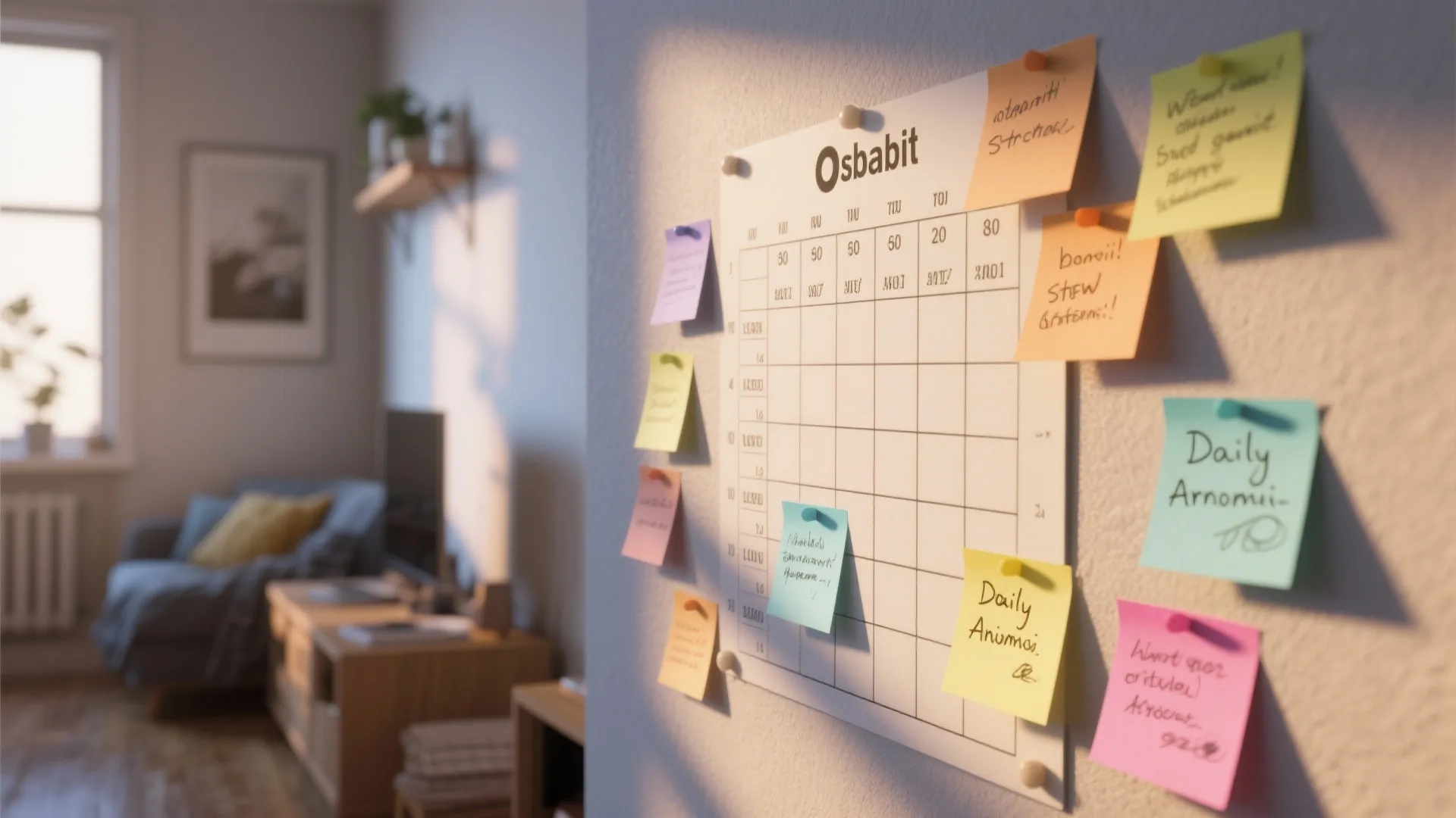 White wall calendar with colorful sticky notes showing daily tasks in a bright modern living room