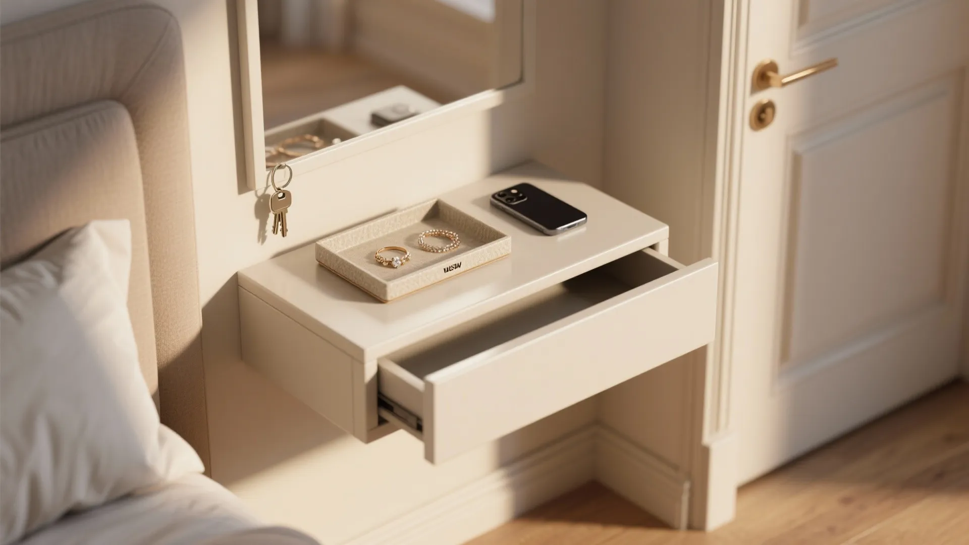 Valet tray on a slim console near the door holding keys, phone, and jewelry.
