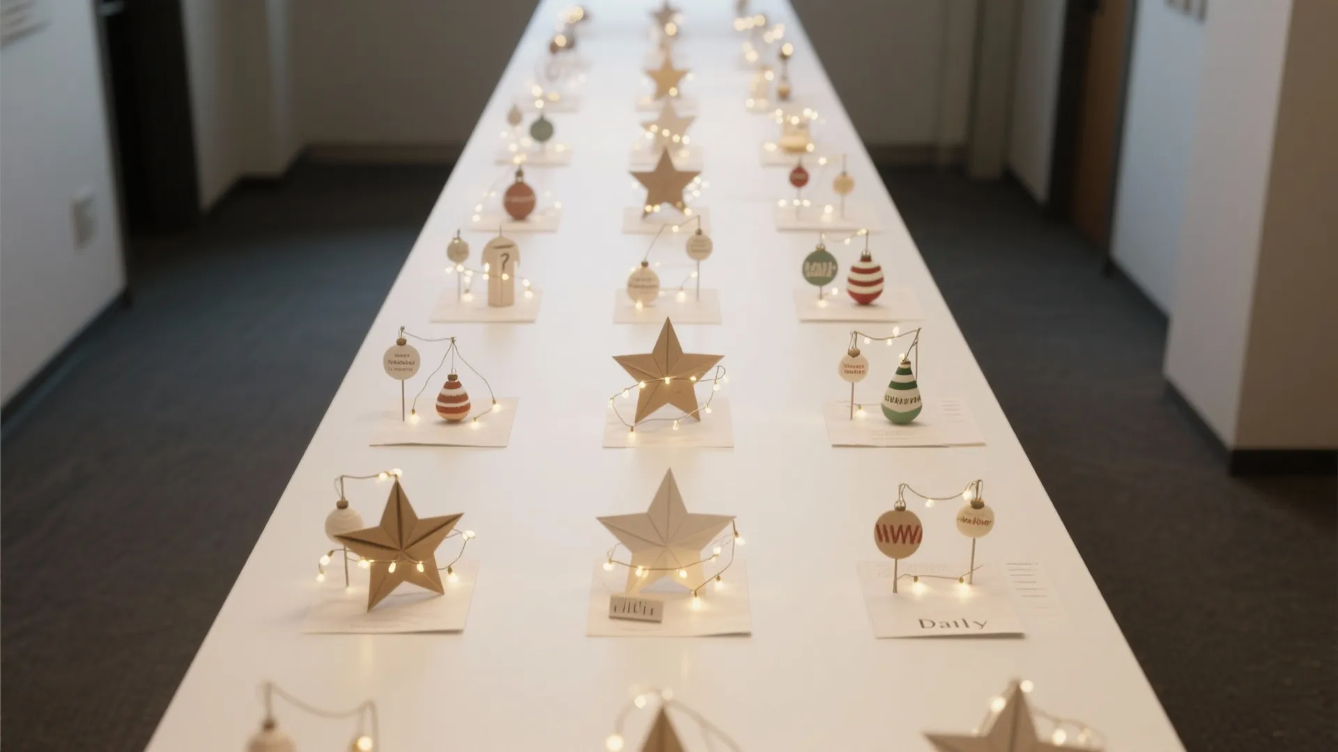 Long white table holding many small star and ball ornaments decorated with warm glowing fairy lights