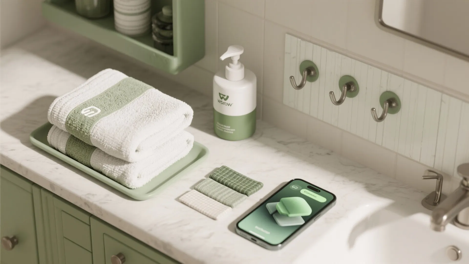 Green and white bathroom items including towels soap bottle and phone on a marble counter