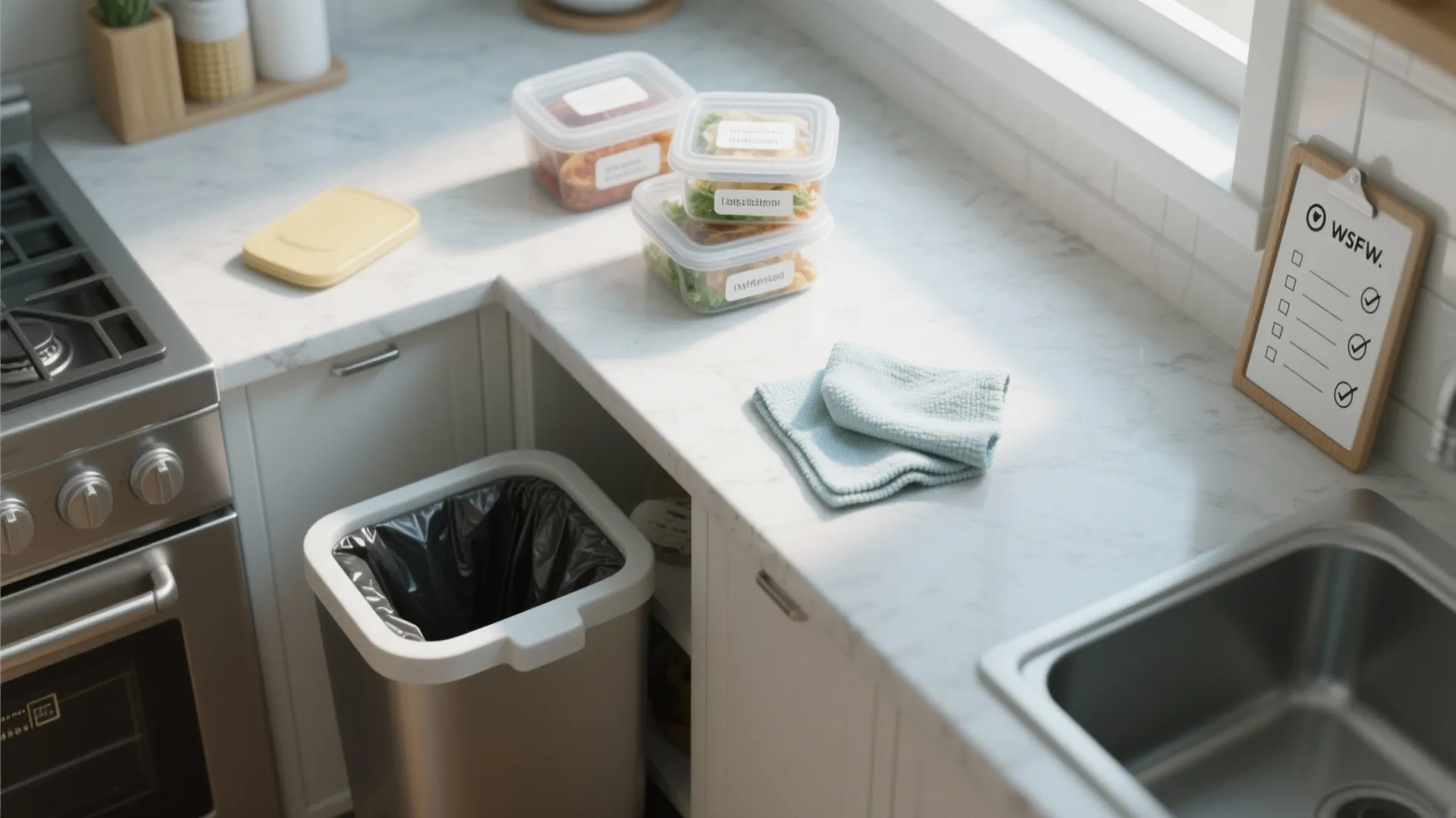 Clean kitchen counter with plastic food containers blue cloth trash can stove and sink view