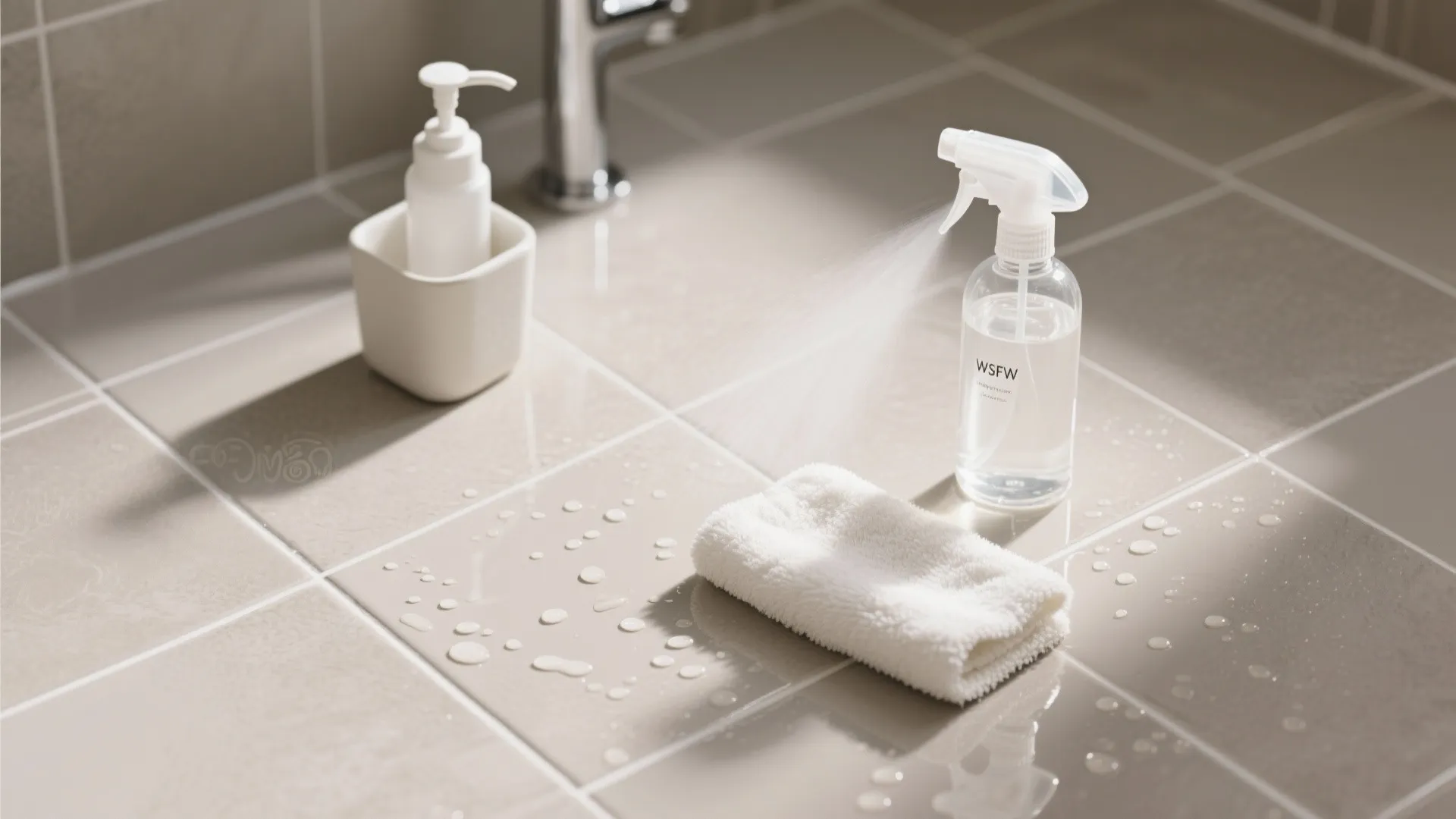 Spray bottle cleaning beige floor tiles with water droplets next to white towel and soap dispenser