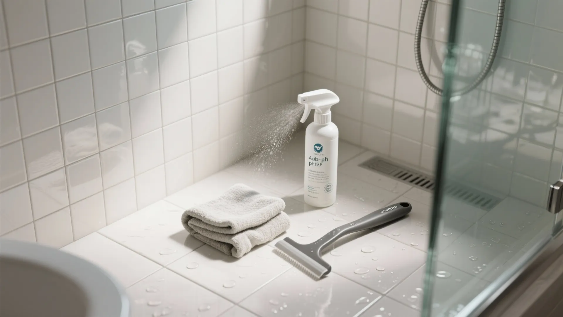 Spray bottle cleaning white bathroom floor tiles next to grey towel and small scrubbing brush