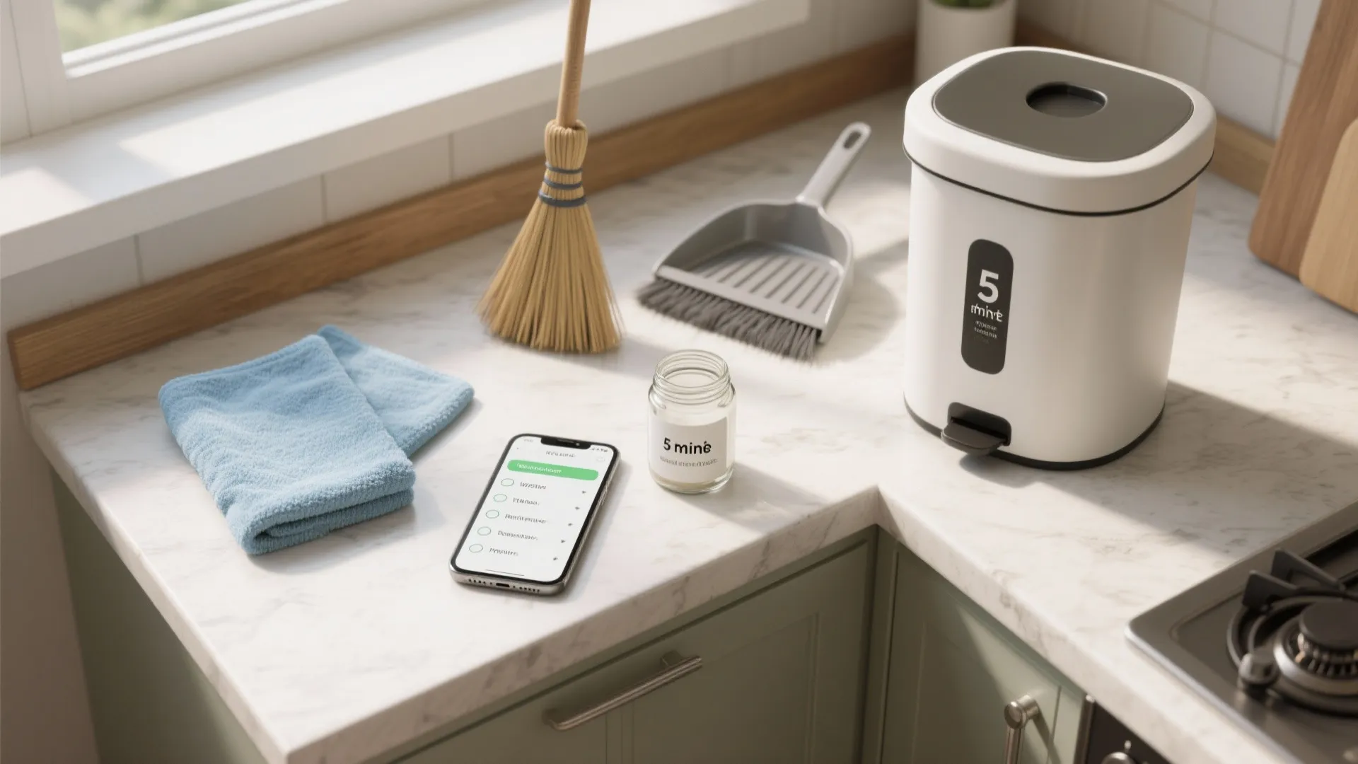 Kitchen countertop with cleaning tools like broom, dustpan, blue cloth, smartphone app, and white bin