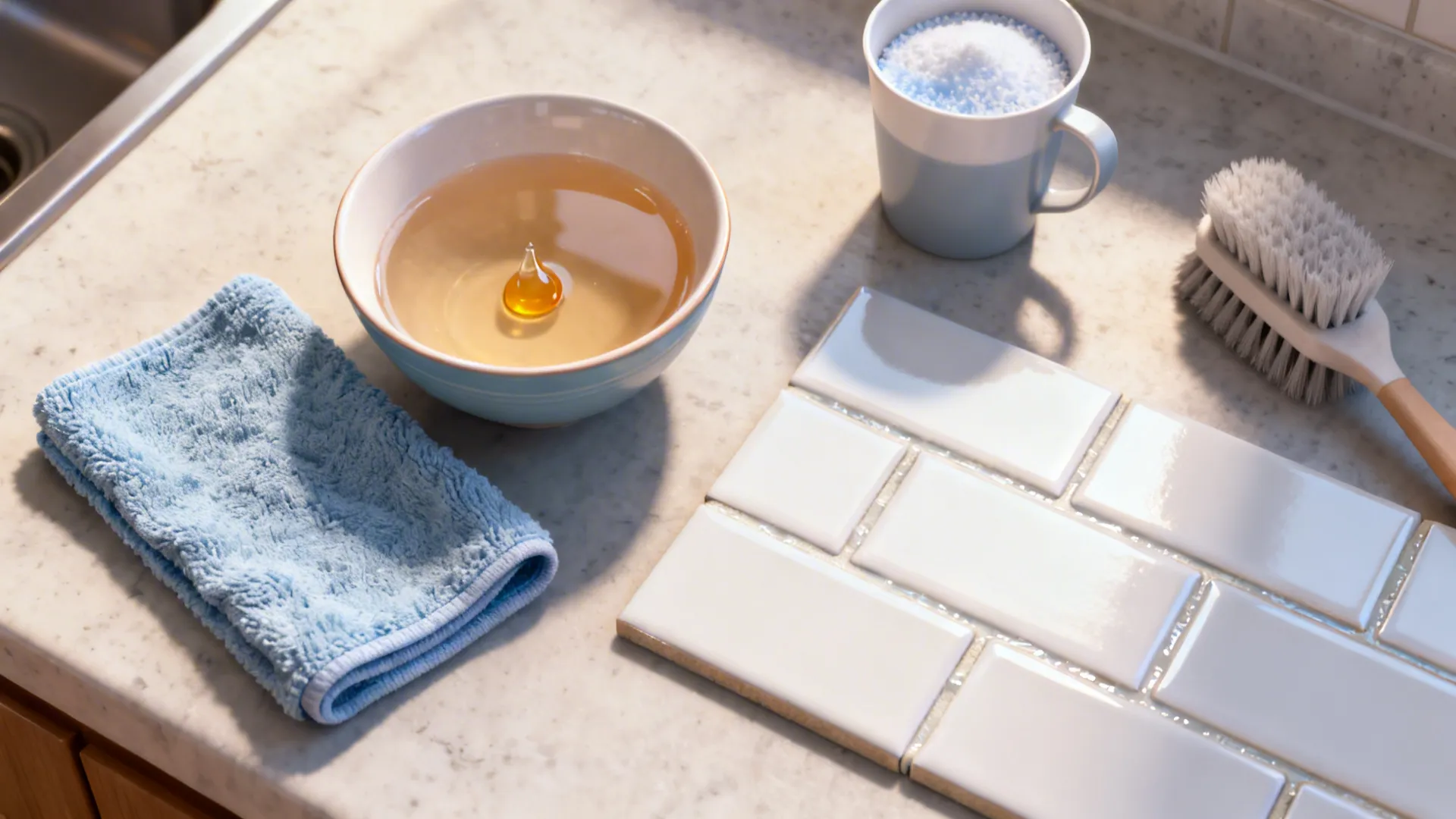 Top-down view of dish soap setup for daily cleaning and oxygen cleaner for weekly grout care.