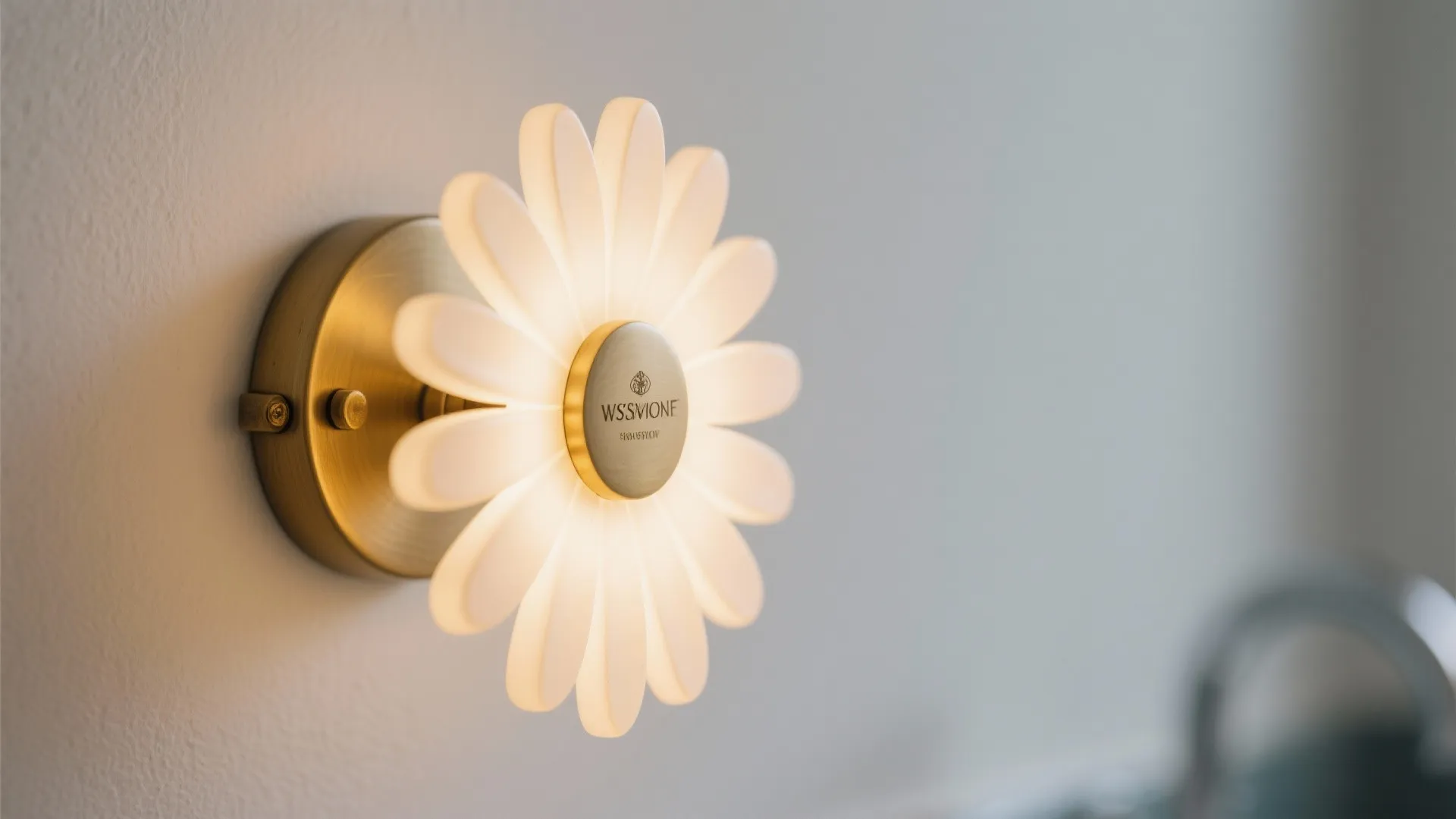 Close-up of daisy-shaped bathroom wall sconce with warm light