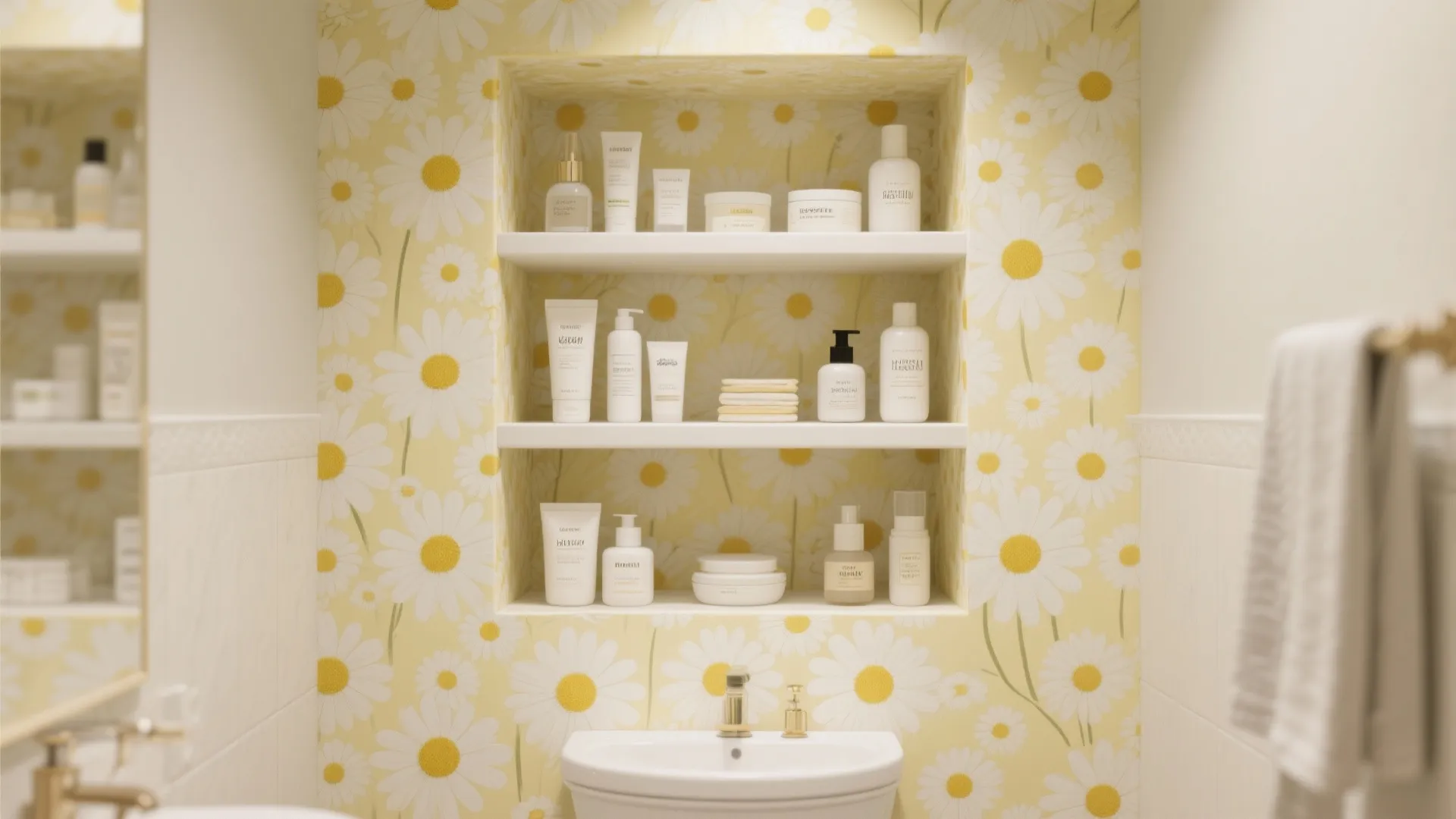 Bathroom shelf niche with daisy wallpaper and organized storage