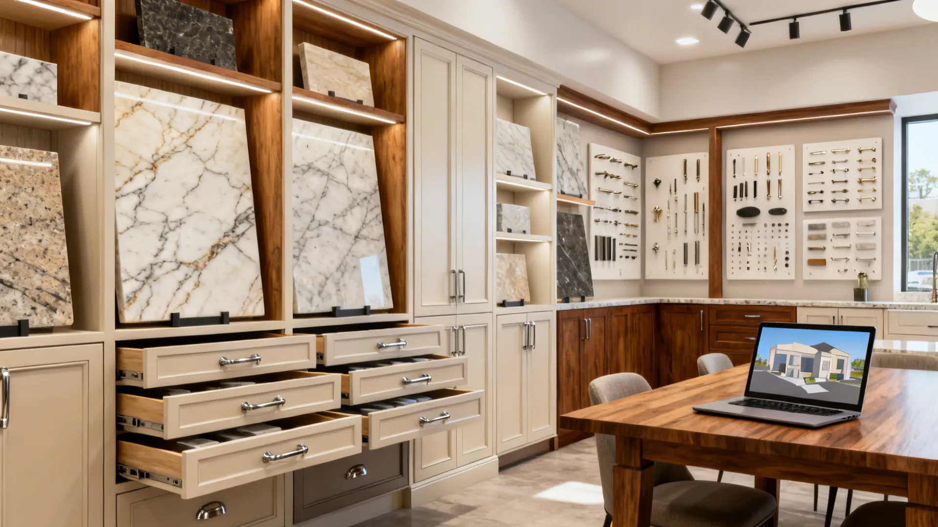 Dallas kitchen design center showroom with cabinet displays, slab samples, and a 3D render.