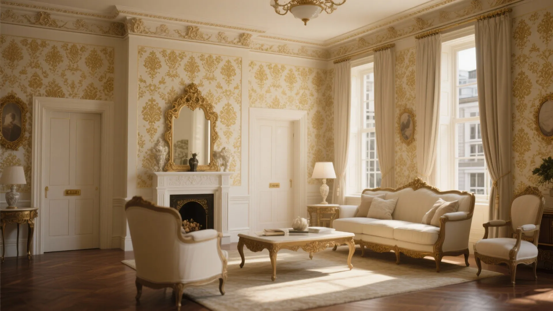 Gold-and-cream damask wallpaper in an elegant living room