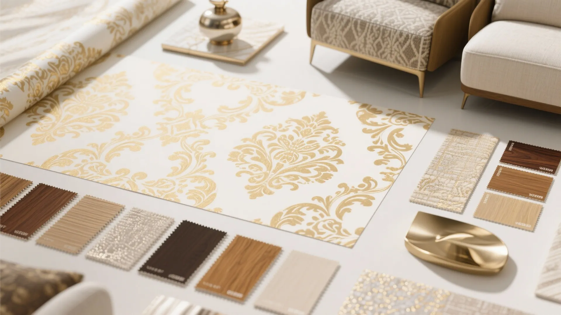 Interior design material layout with gold pattern wallpaper wood floor samples and gold metal hardware piece