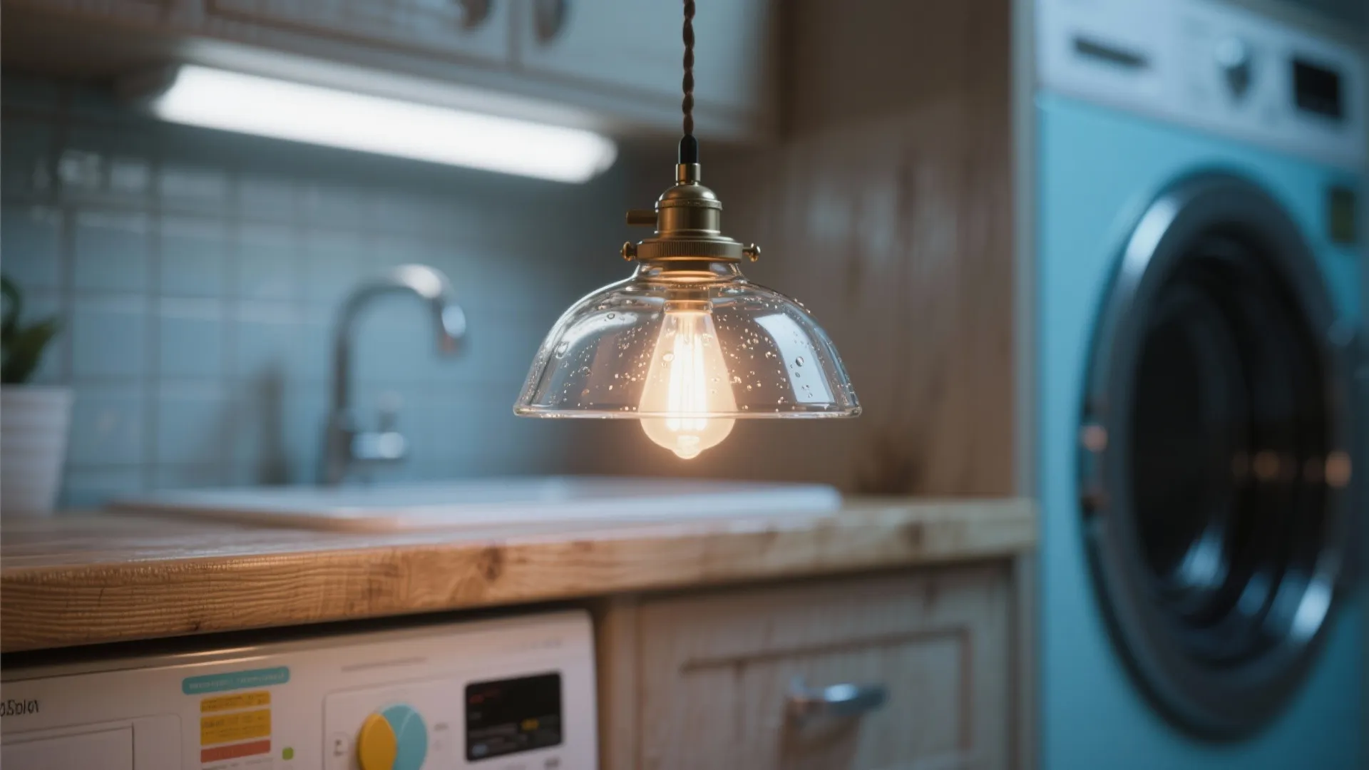 Small damp-rated glass pendant over a folding counter with secure mounting